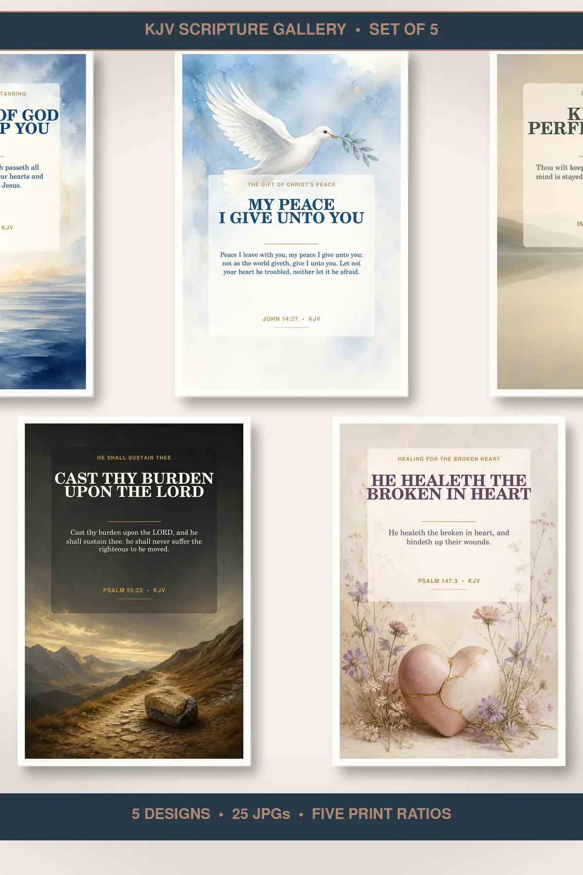 Peace and Comfort Wall Art Set of 5, KJV Scripture Bundle showing all 5 included Christian printable designs.