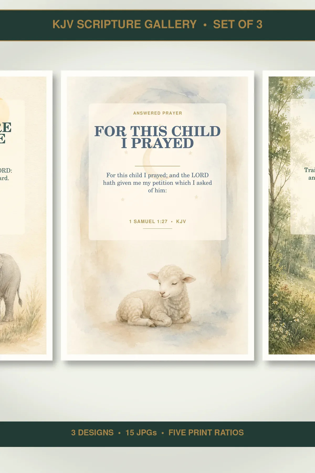 Christian Nursery Wall Art Set of 3, KJV Kids Printables showing all 3 included Christian printable designs.