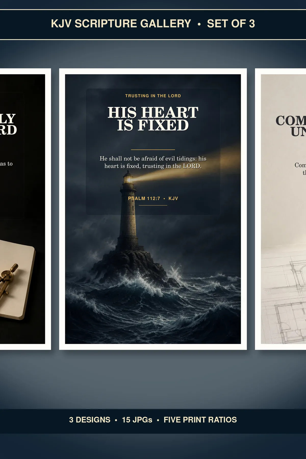 Christian Office Wall Art Set of 3, KJV Work Scripture Prints showing all 3 included Christian printable designs.