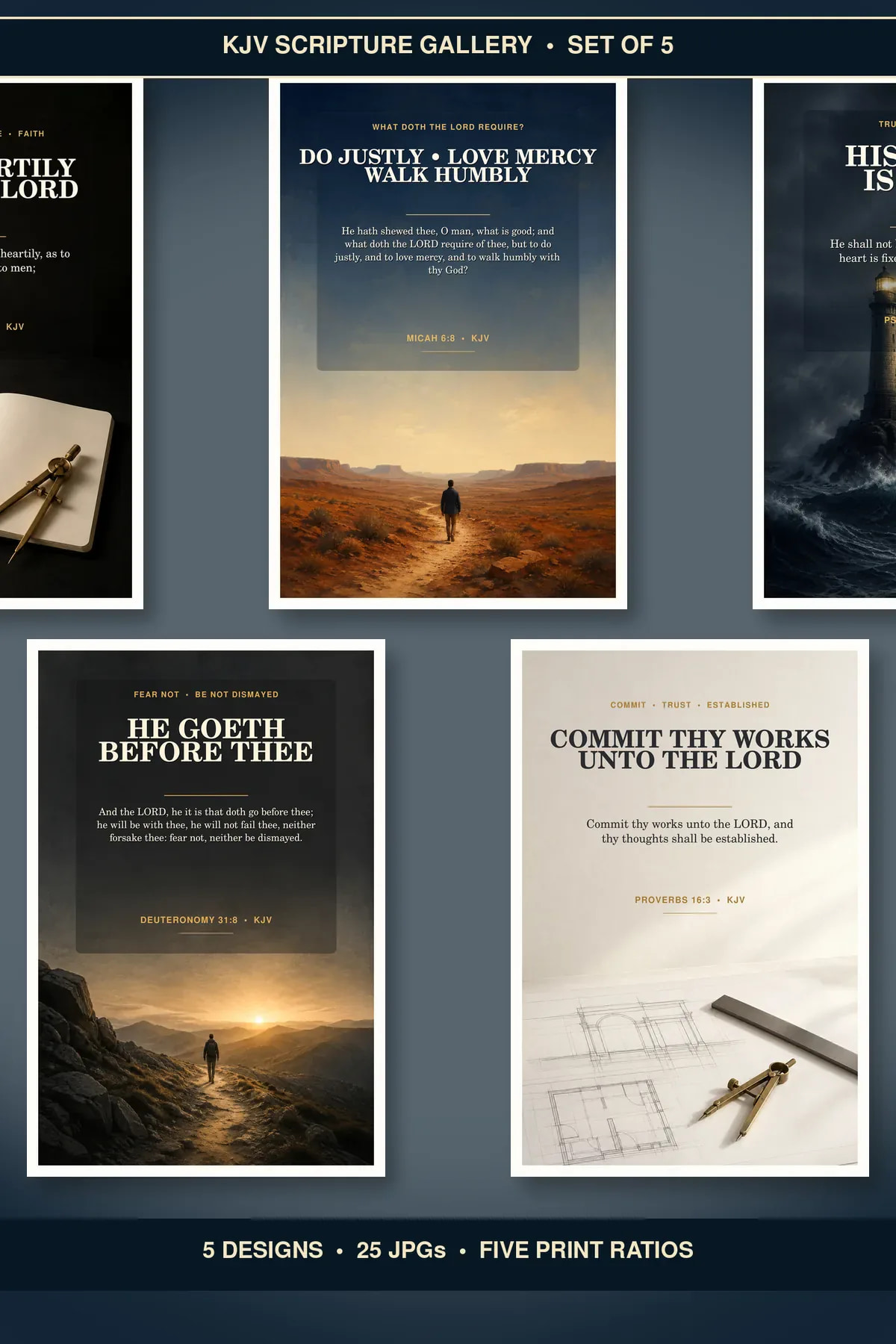 Christian Office Wall Art Set of 5, KJV Men of Faith Bundle showing all 5 included Christian printable designs.