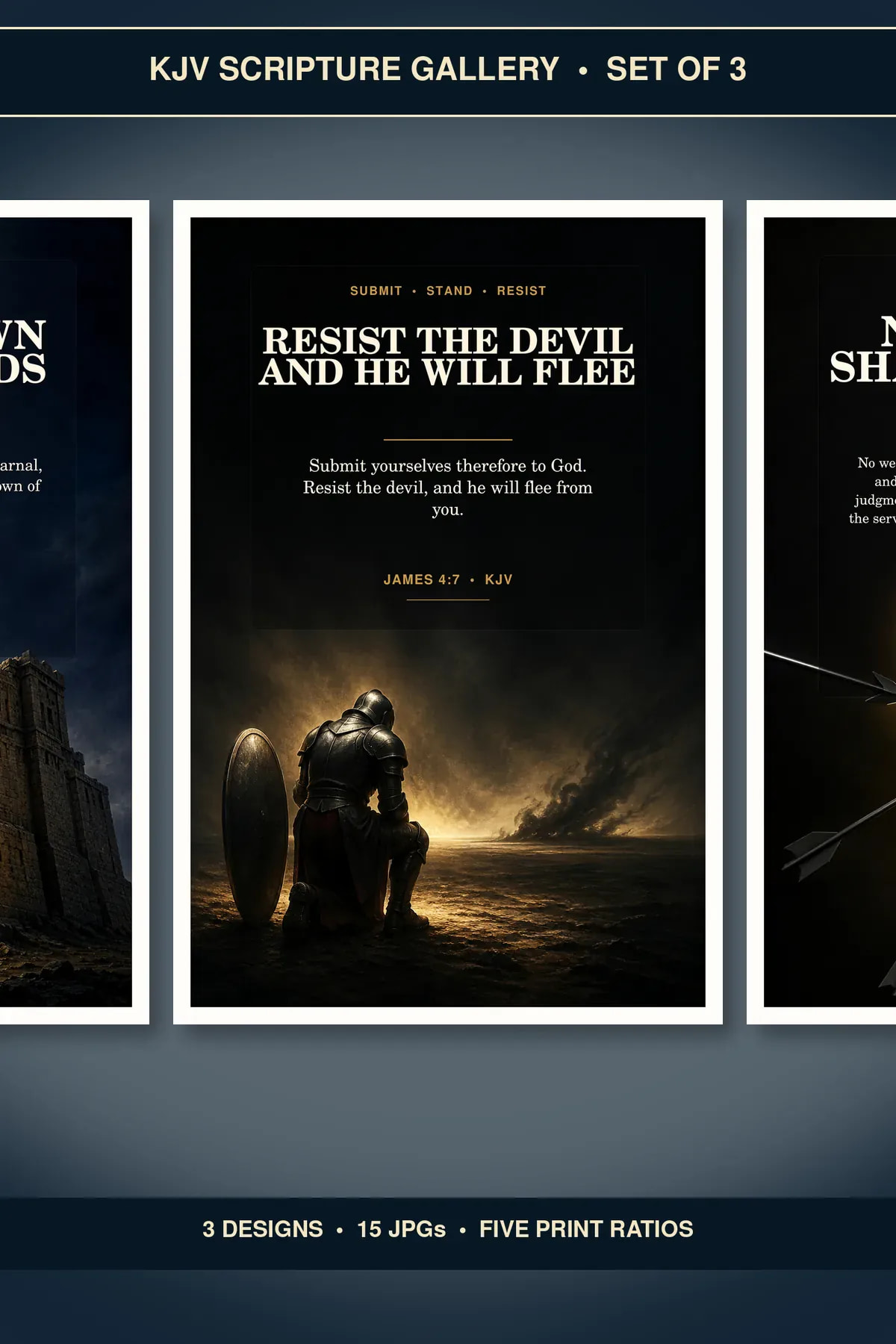 Spiritual Warfare Wall Art Set of 3, KJV Scripture Printables showing all 3 included Christian printable designs.