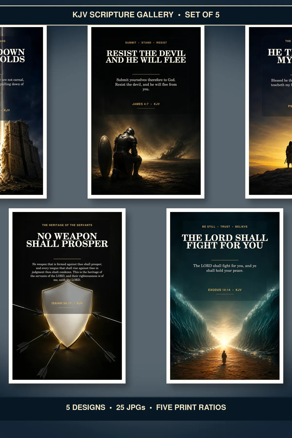 Spiritual Warfare Wall Art Set of 5, KJV Christian Bundle showing all 5 included Christian printable designs.