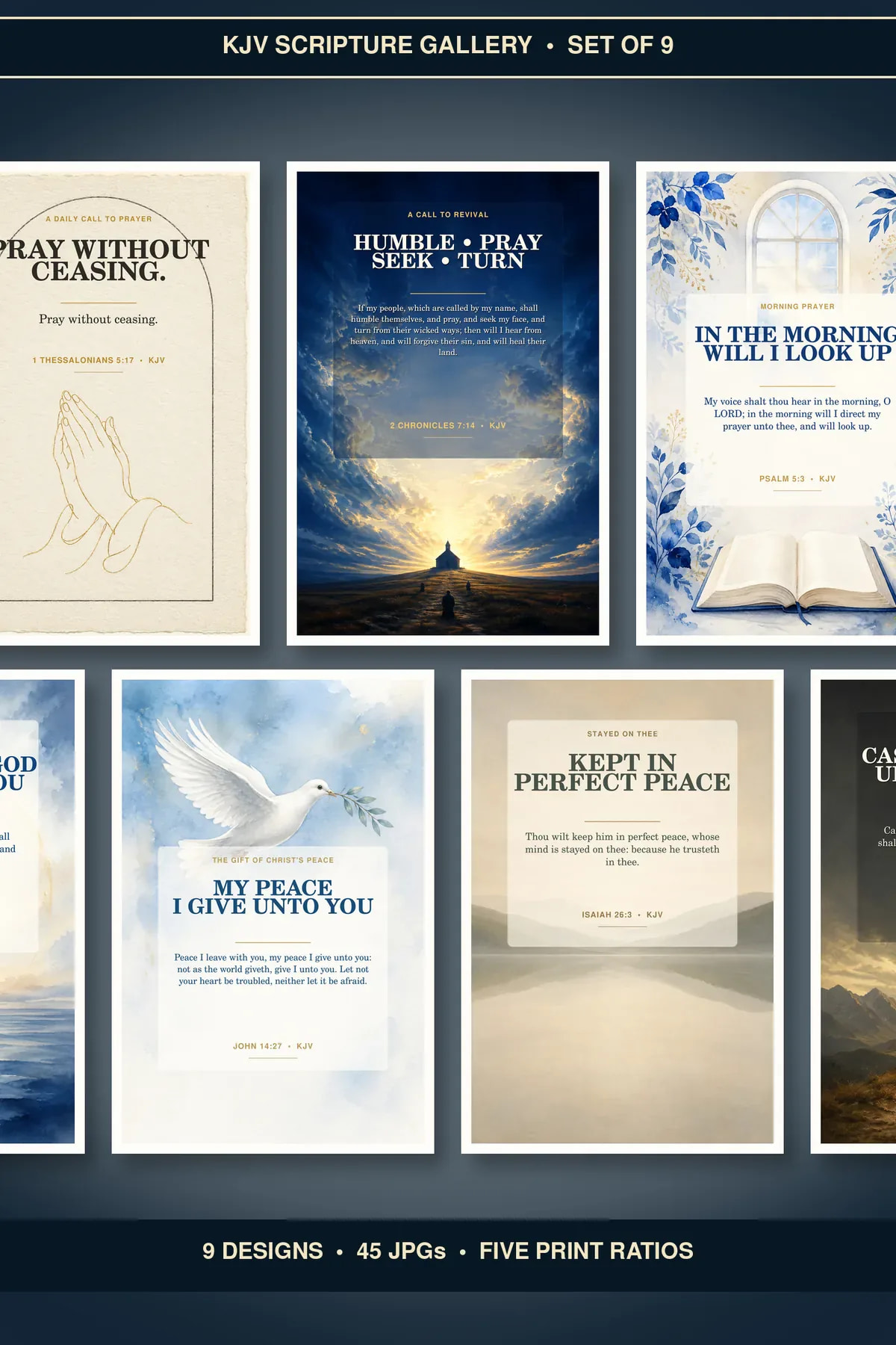 Prayer and Peace Wall Art Set of 9, KJV Scripture Bundle showing all 9 included Christian printable designs.