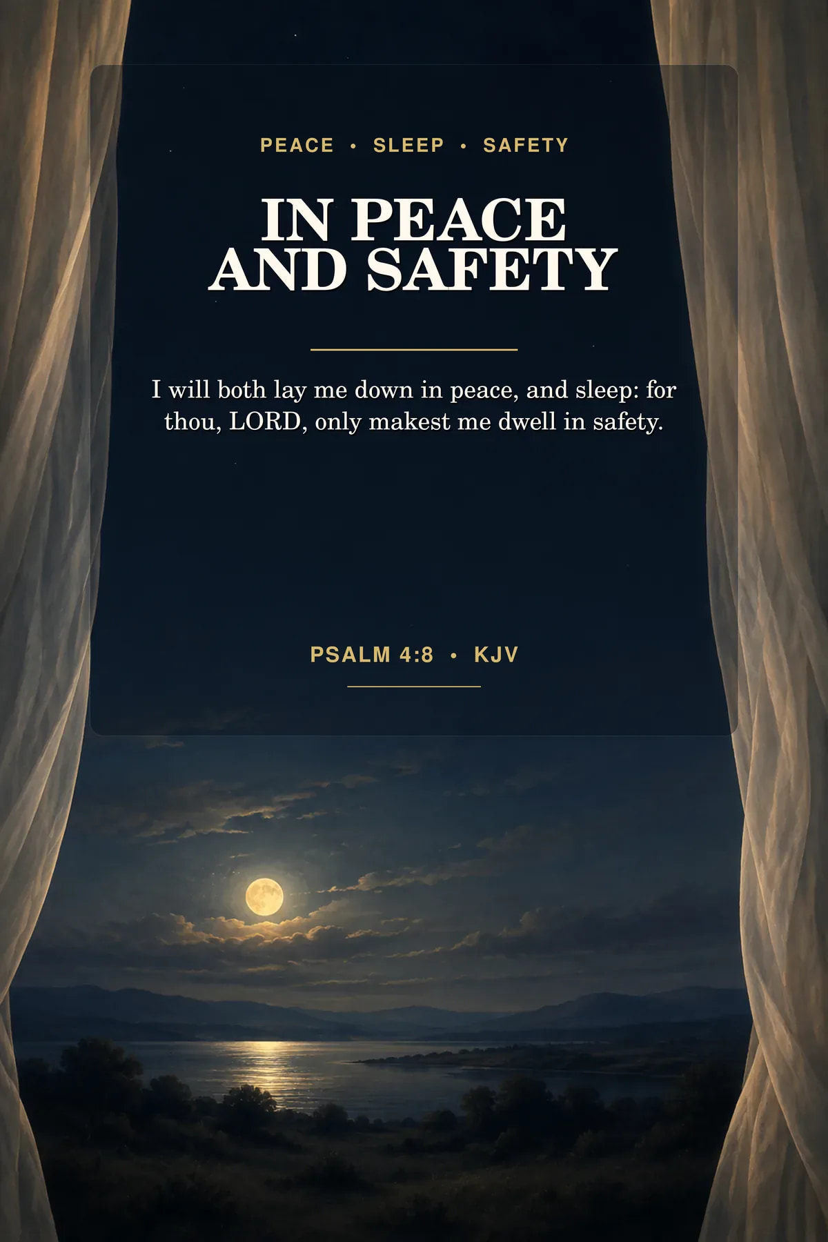 Psalm 4:8 KJV printable wall art in midnight navy, warm ivory, muted moon gold for peace, sleep & safety.