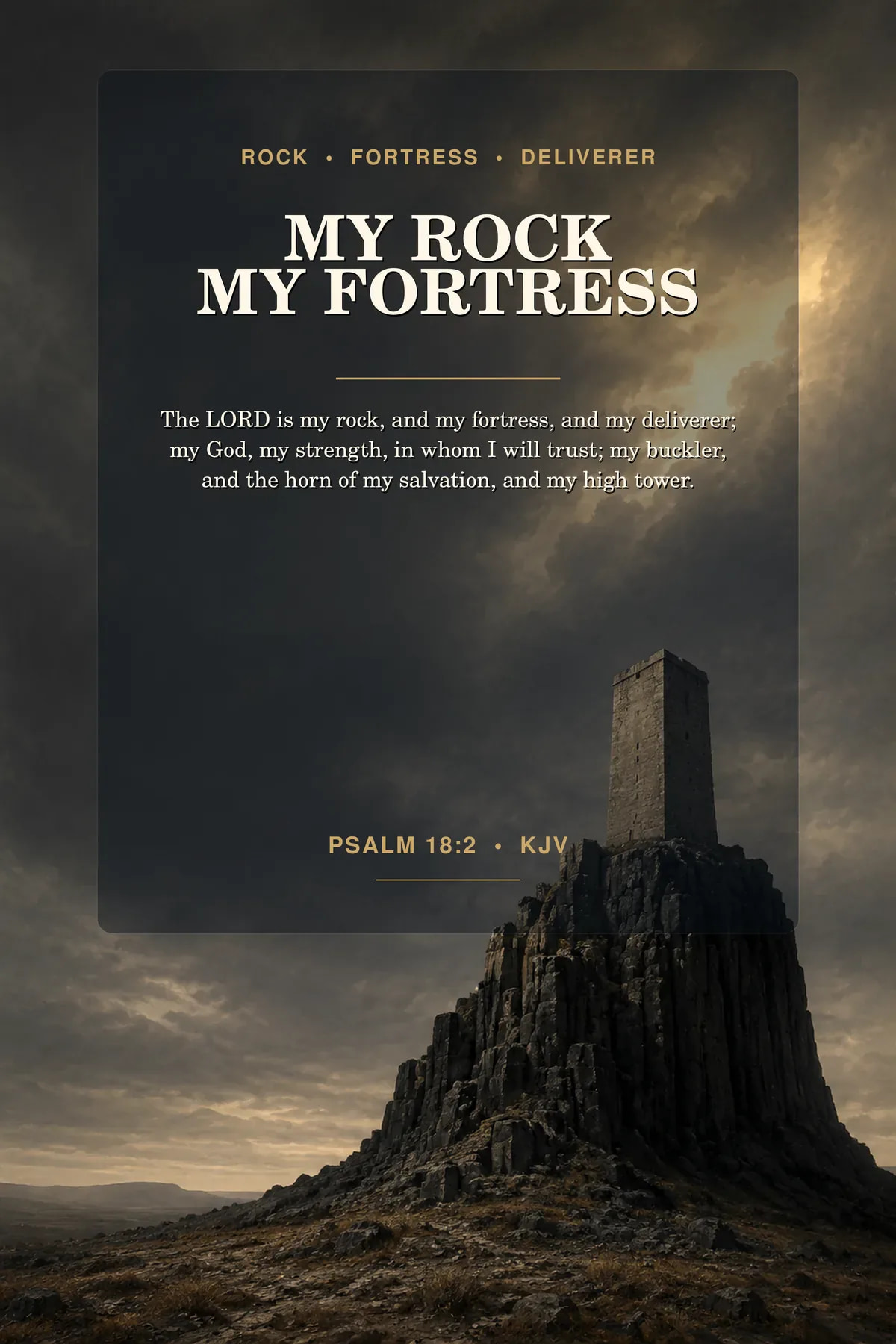 Psalm 18:2 KJV printable wall art in graphite black, weathered stone, brushed brass for protection & strong refuge.