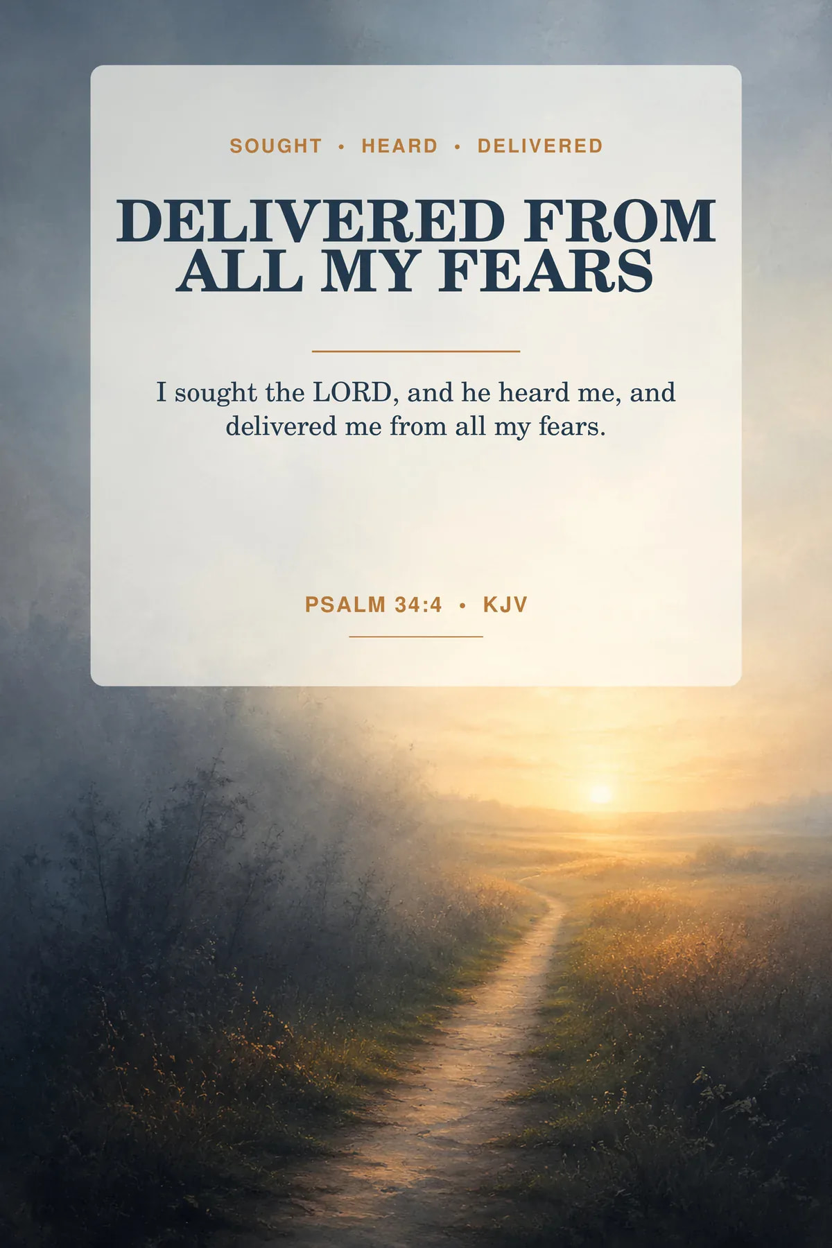 Psalm 34:4 KJV printable wall art in dusty blue, soft amber, warm ivory for anxiety & fear.