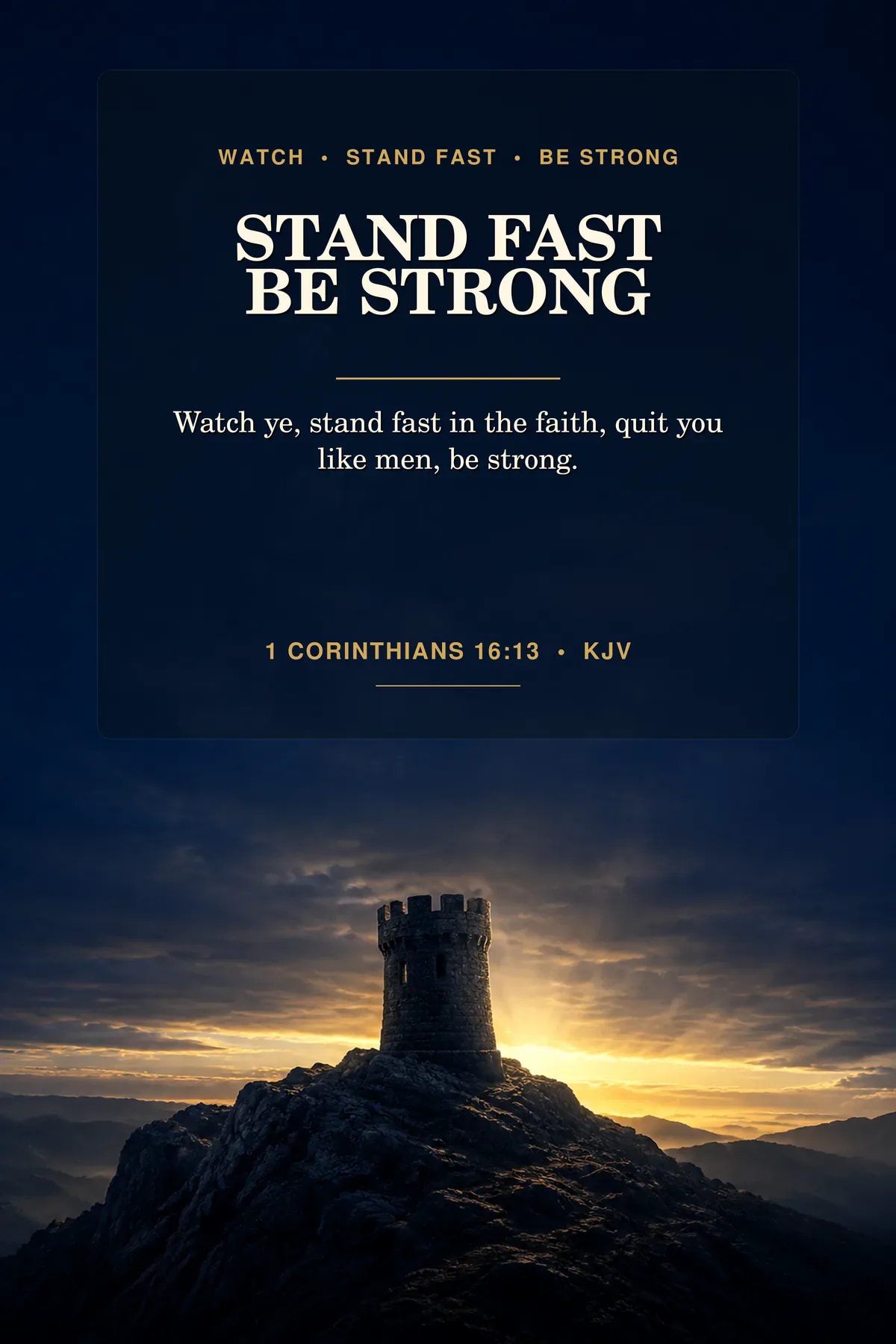 Printable stand fast in the faith wall art featuring exact 1 Corinthians 16:13 KJV text in deep navy, charcoal, aged bronze.