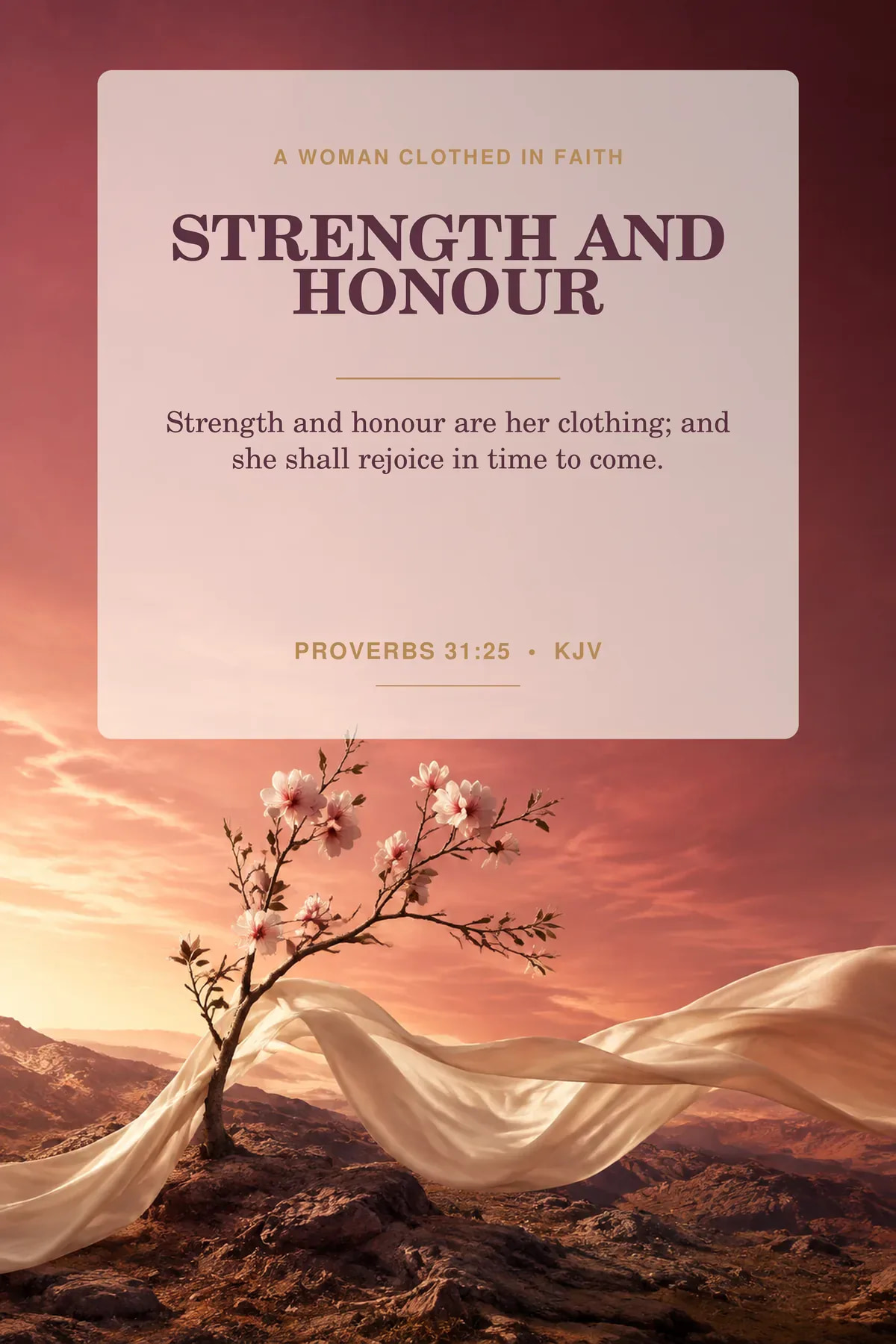 Printable strength and honour wall art featuring exact Proverbs 31:25 KJV text in dusty rose, burgundy, champagne gold.