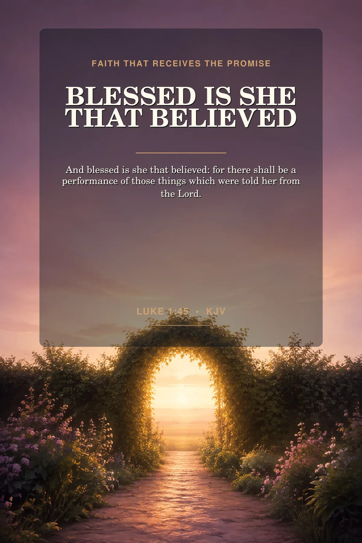 Printable blessed is she wall art featuring exact Luke 1:45 KJV text in mauve dusk, pearl, rose gold.