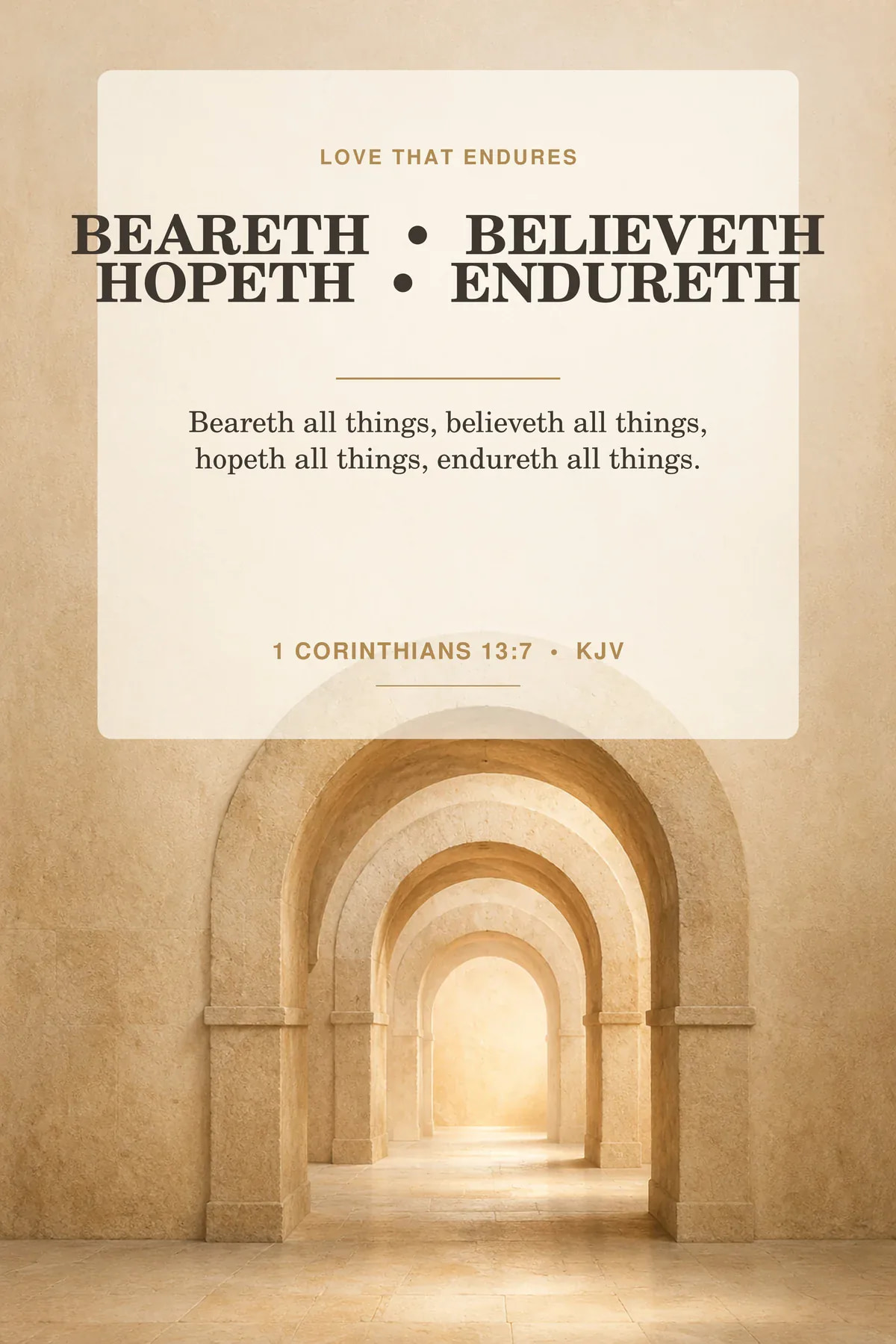 Printable beareth all things wall art featuring exact 1 Corinthians 13:7 KJV text in warm limestone, ivory, pale gold.