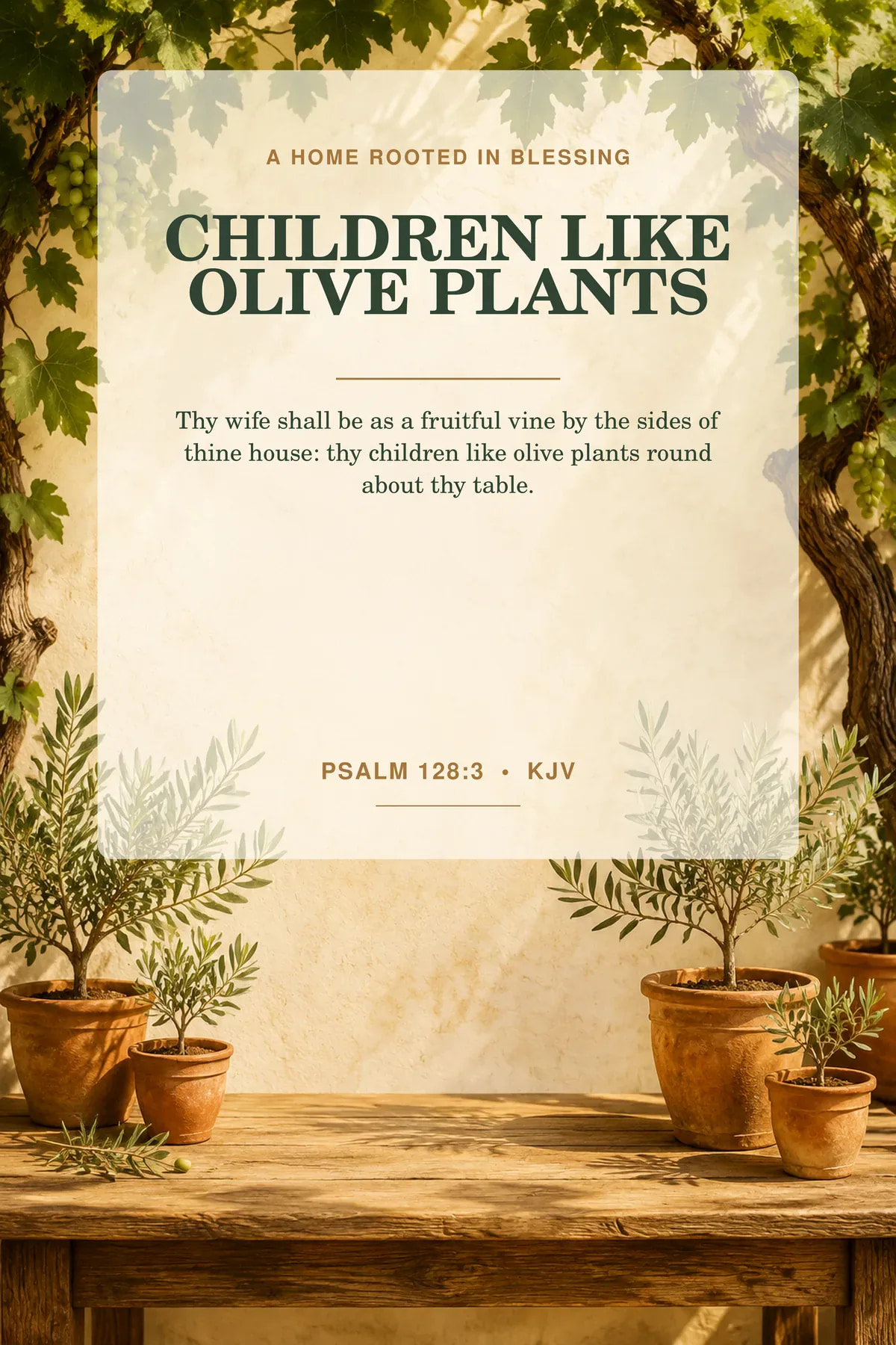 Printable children like olive plants wall art featuring exact Psalm 128:3 KJV text in olive green, terracotta, sunwashed cream.