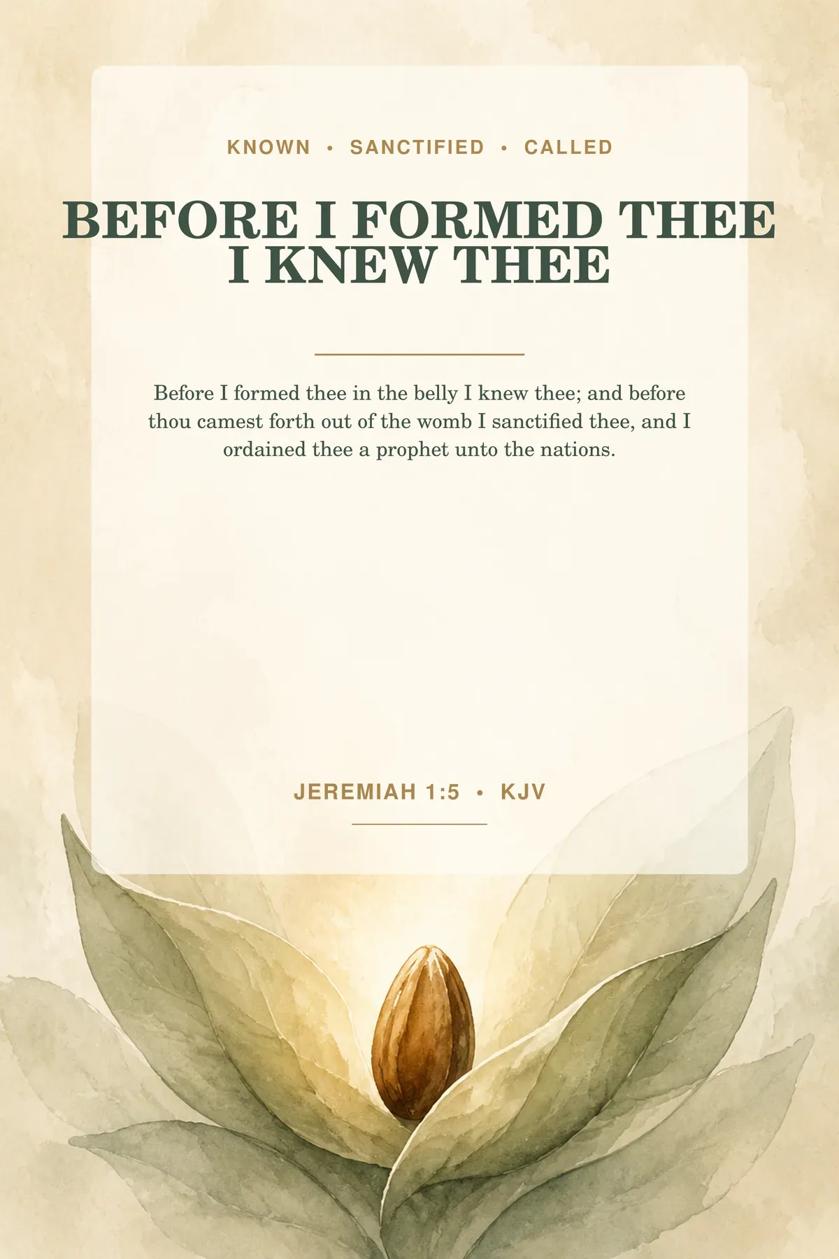 Jeremiah 1:5 KJV — Before I Formed Thee Wall Art, Jeremiah 1:5 Christian Nursery Printable Printable before I formed thee wall art featuring exact Jeremiah 1:5 KJV text in warm ivory, oat beige, pale sage.