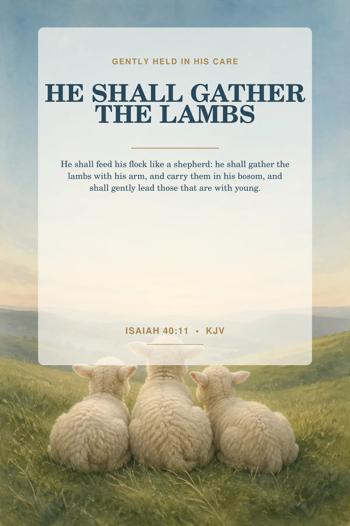 Printable gather the lambs nursery wall art featuring exact Isaiah 40:11 KJV text in soft cream, meadow sage, dusty blue.