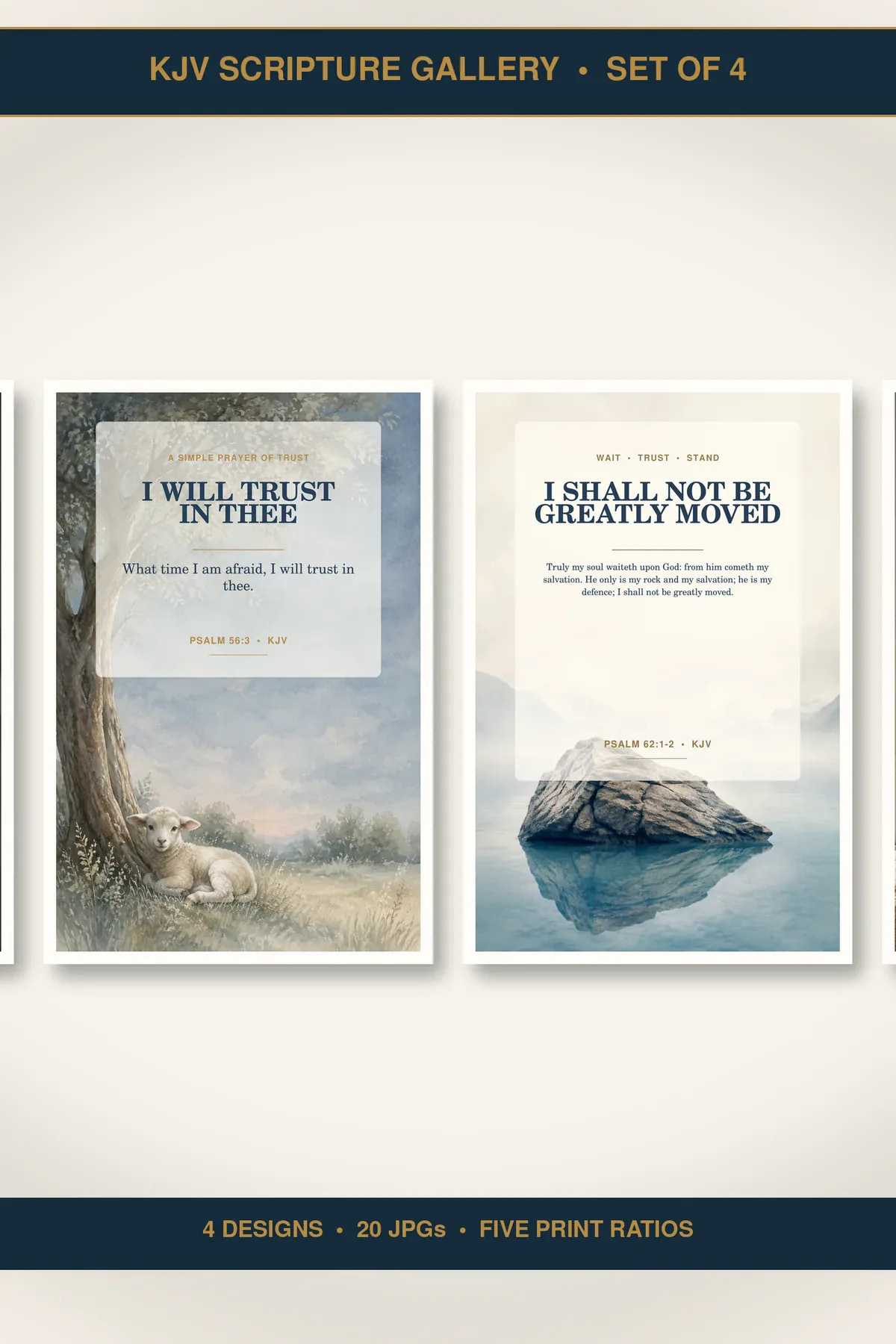 Peaceful Sleep and Rest Wall Art Set of 4, KJV Prints showing all 4 included Christian printable designs.
