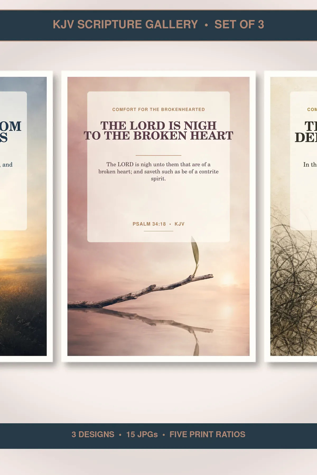 Fear and Anxiety Comfort Wall Art Set of 3, KJV Prints showing all 3 included Christian printable designs.