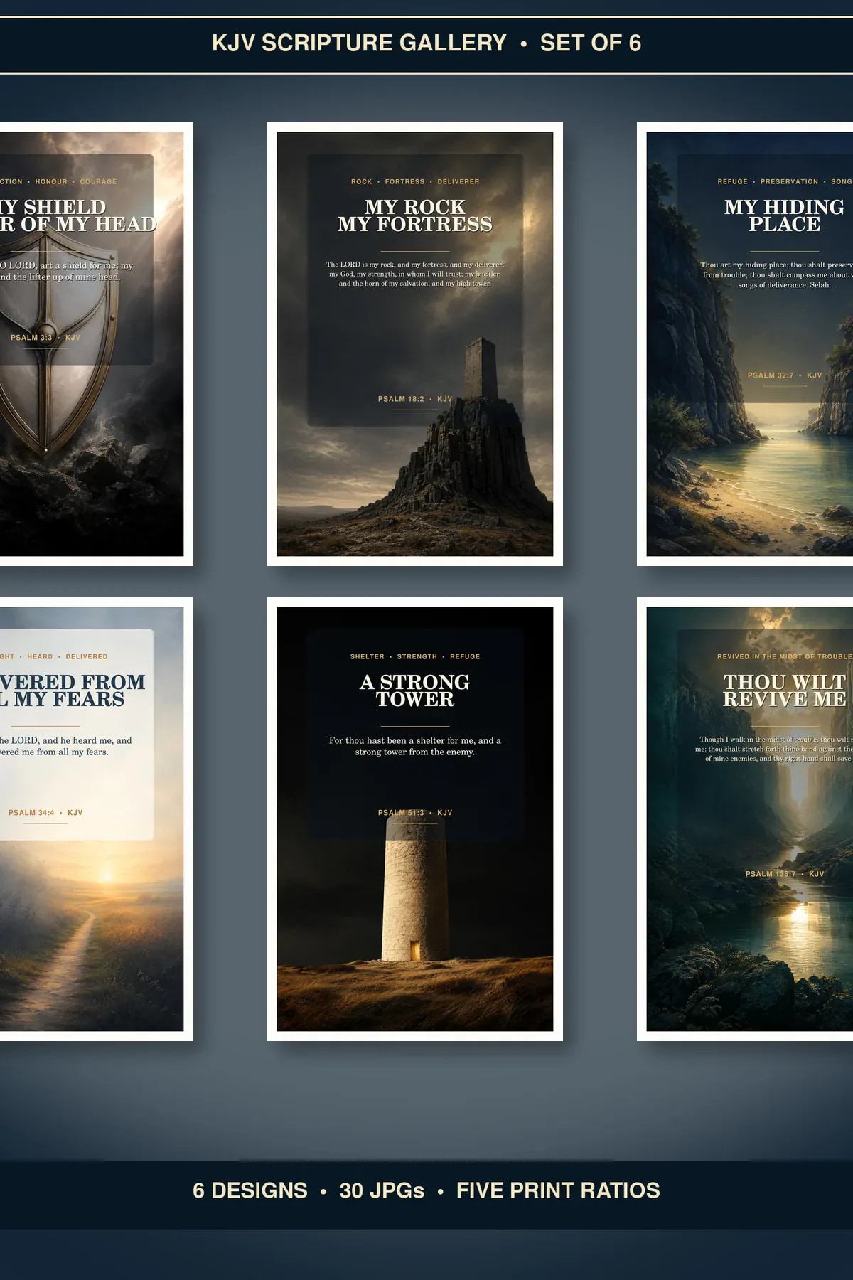 Psalms Protection Wall Art Set of 6, KJV Scripture Bundle showing all 6 included Christian printable designs.