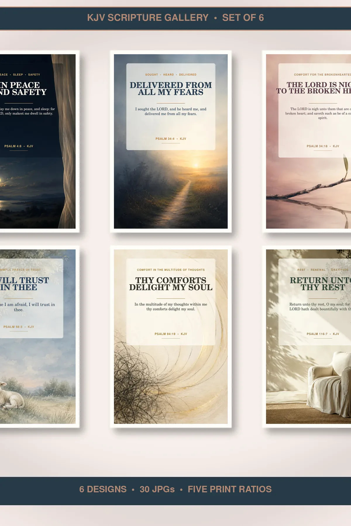 Psalms Peace and Comfort Wall Art Set of 6, KJV Bundle showing all 6 included Christian printable designs.