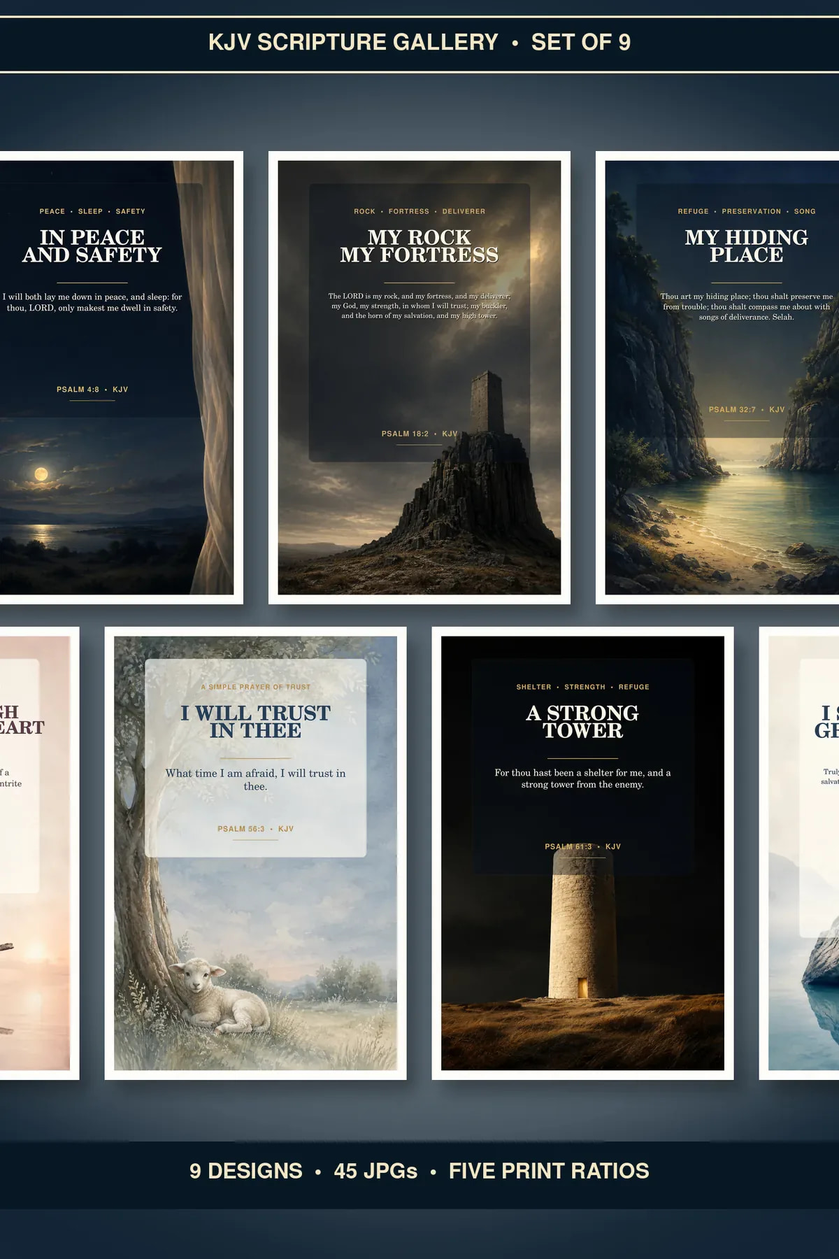 Psalms Protection and Peace Wall Art Set of 9, KJV Bundle showing all 9 included Christian printable designs.