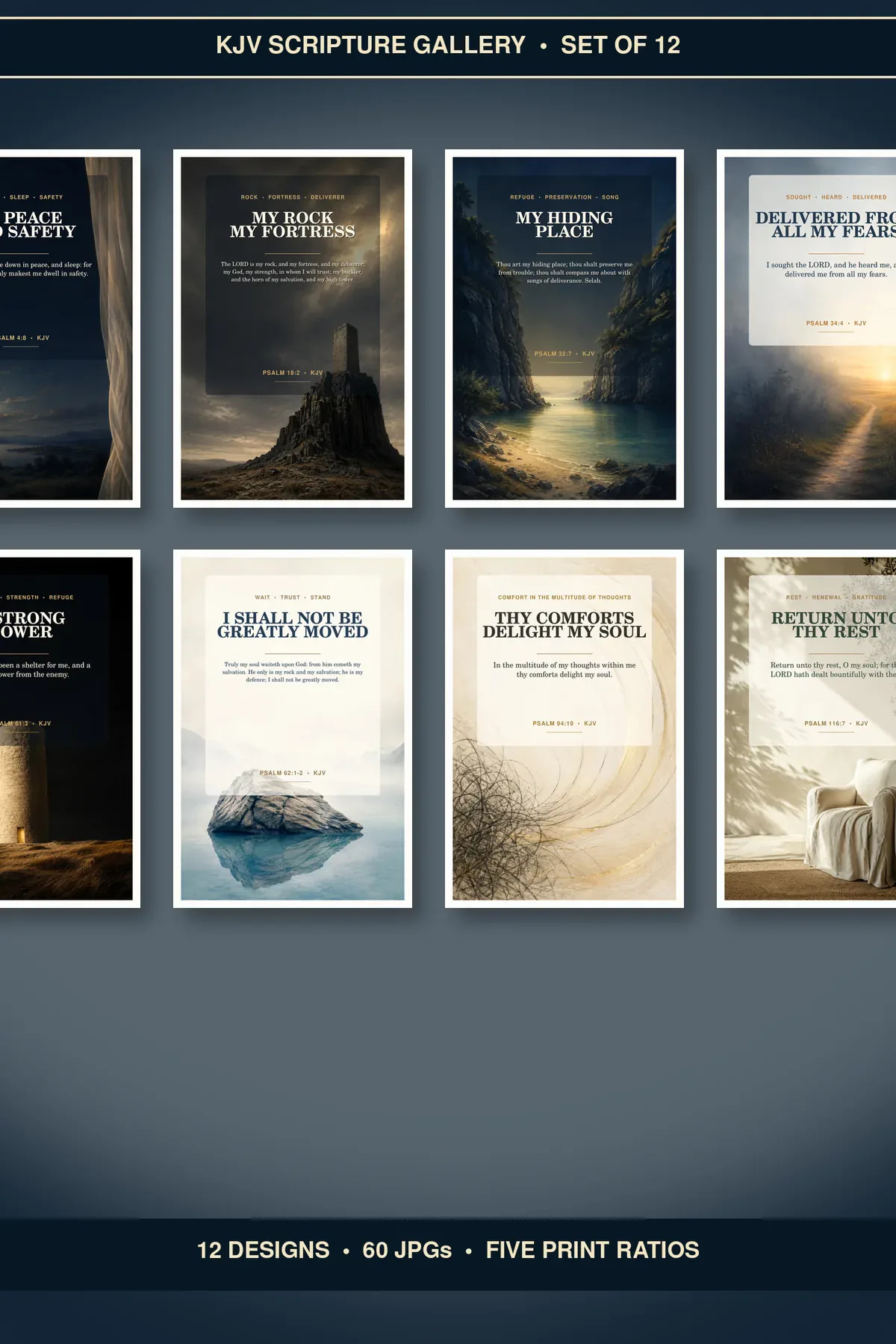 Complete Psalms Protection and Comfort Wall Art Bundle of 12 showing all 12 included Christian printable designs.