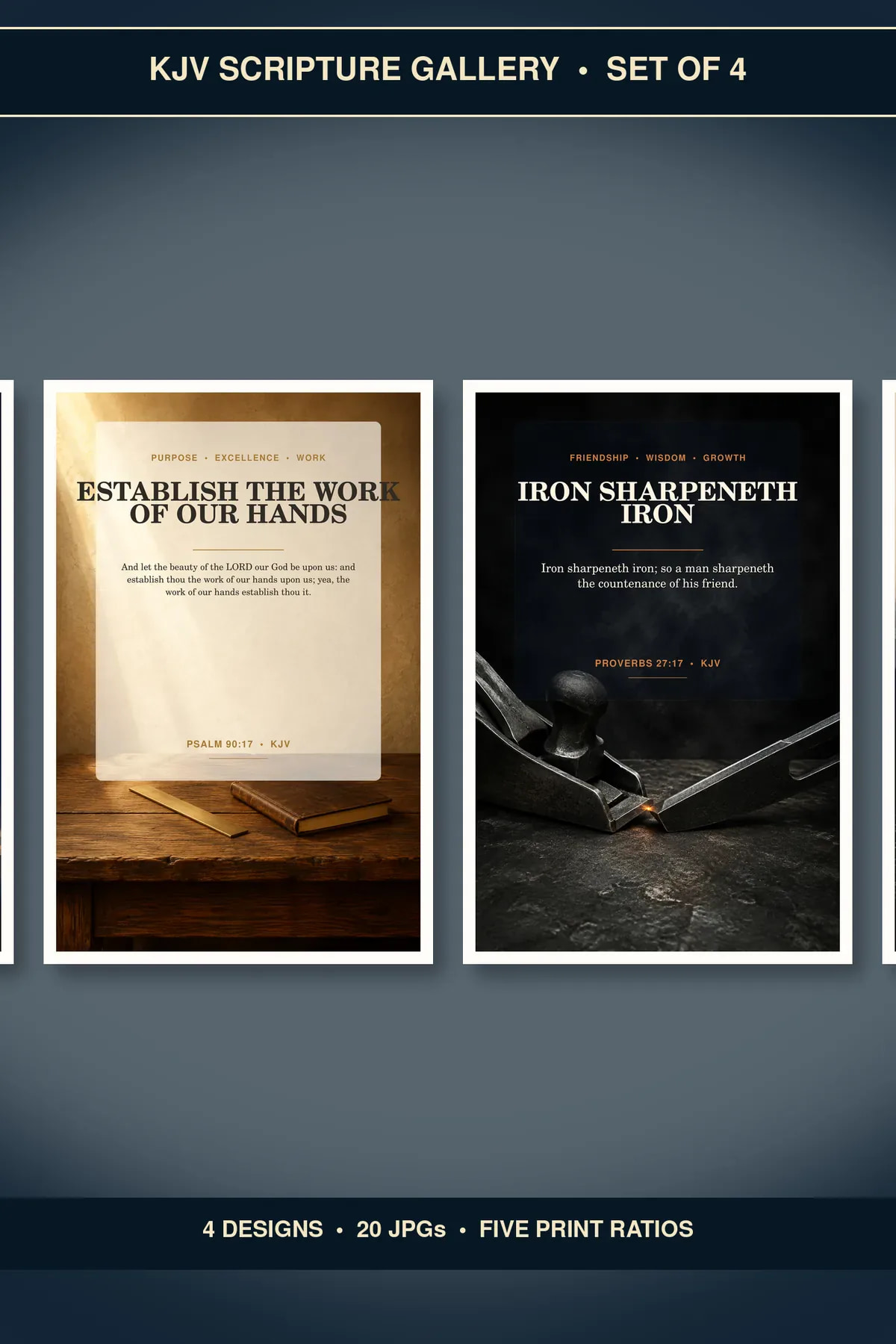 Christian Men's Office Wall Art Set of 4, KJV Prints showing all 4 included Christian printable designs.
