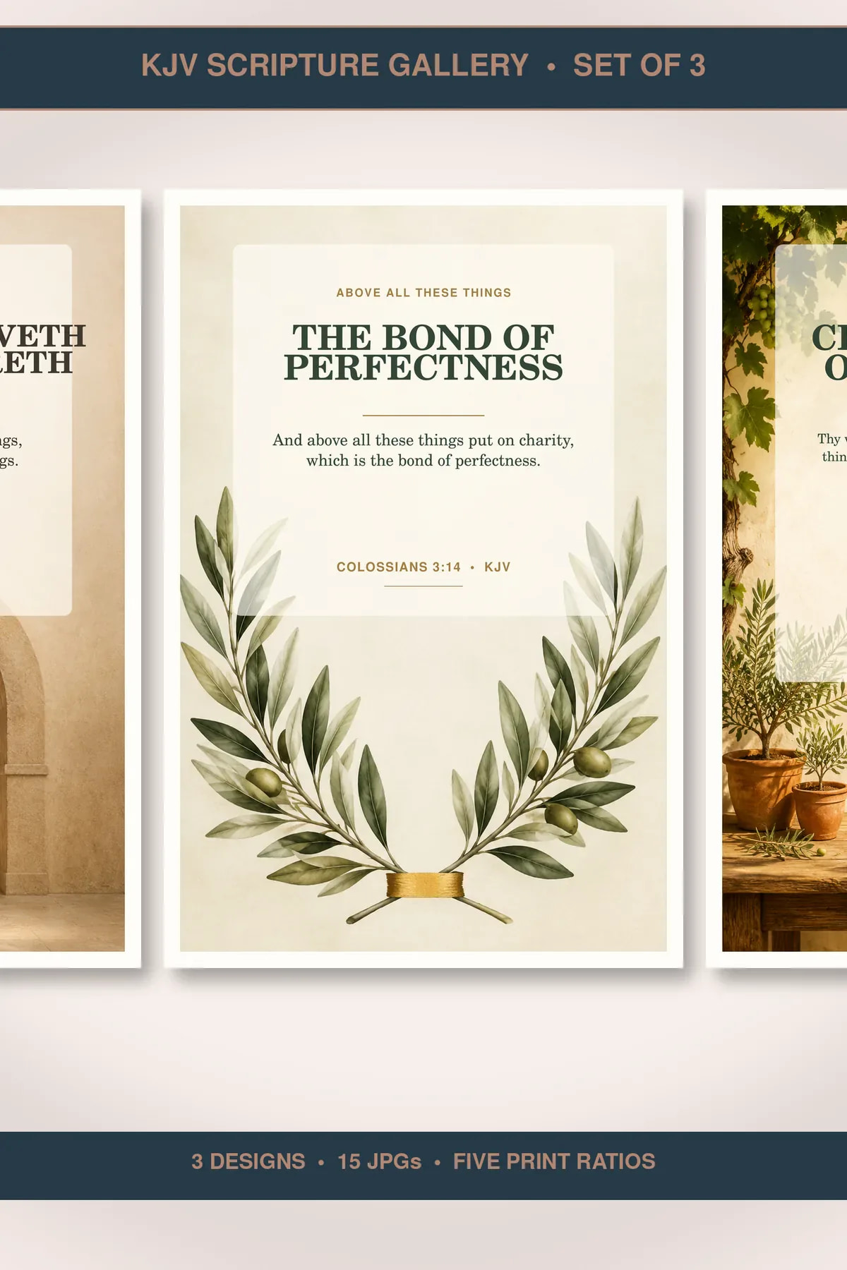 Christian Marriage and Family Wall Art Set of 3, KJV Prints showing all 3 included Christian printable designs.