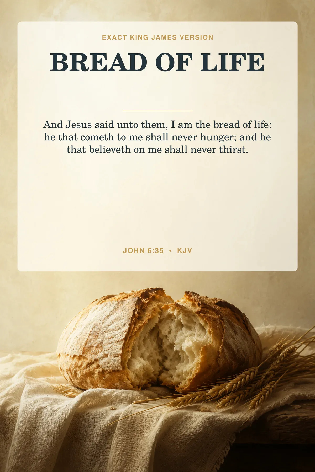 John 6:35 KJV printable wall art in warm oat, ivory, olive, antique gold for names of jesus & i am statements.
