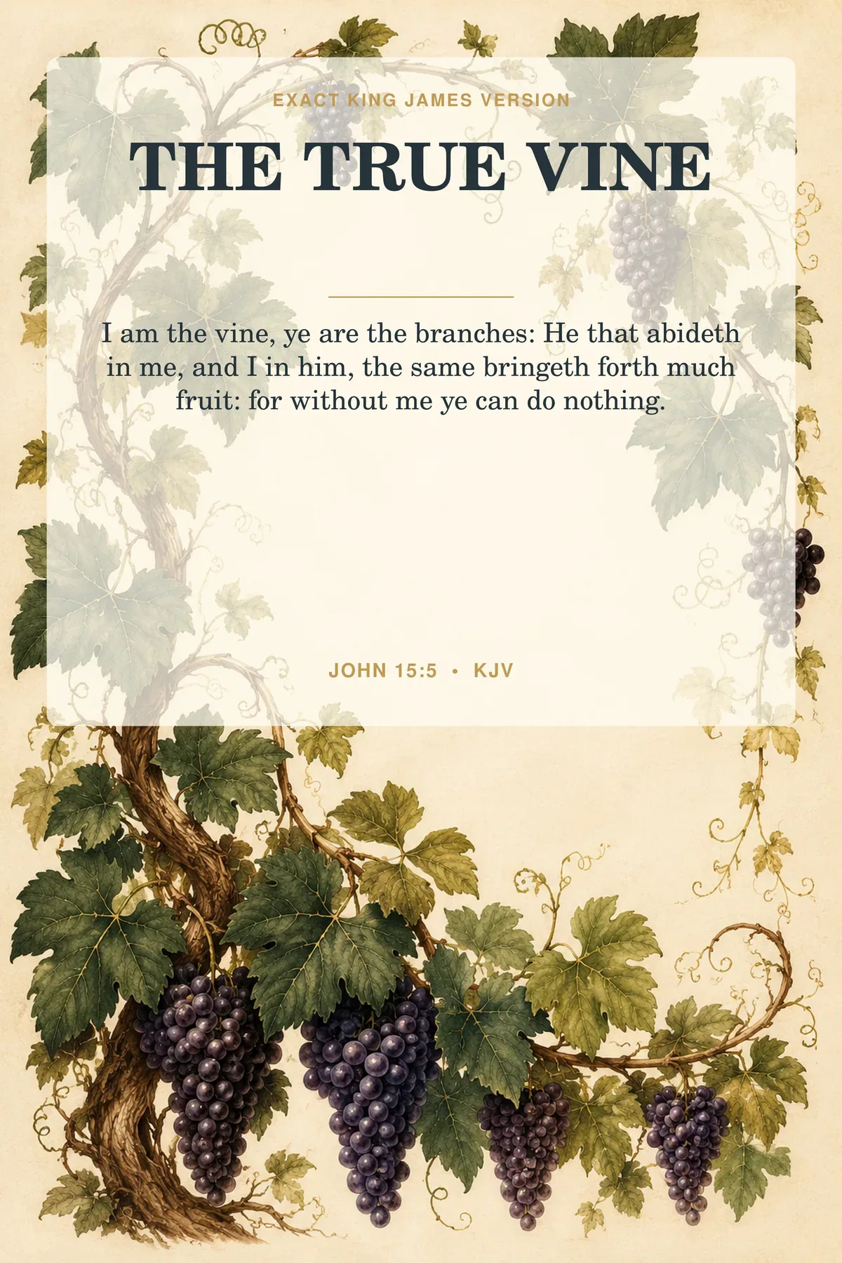 John 15:5 KJV printable wall art in forest green, plum, cream, antique gold for names of jesus & i am statements.