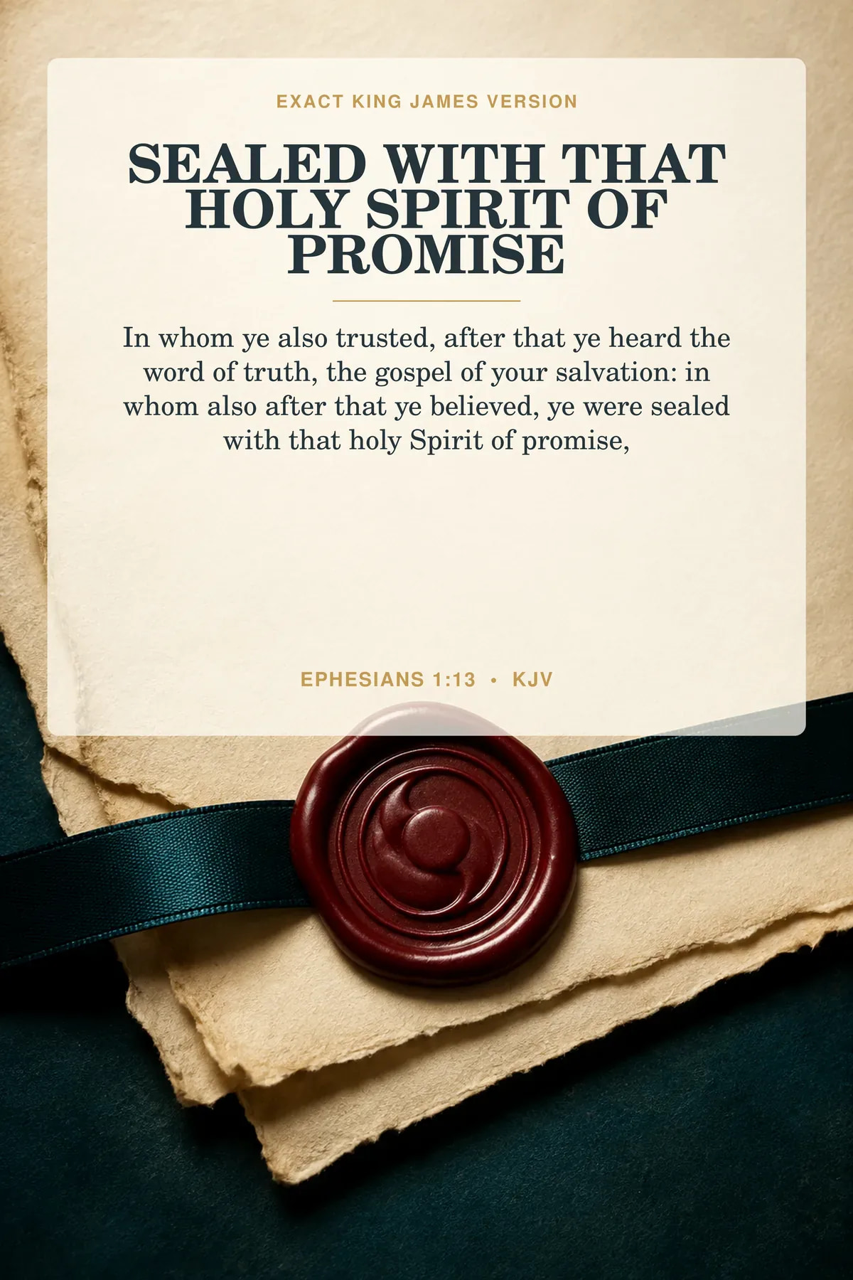 Ephesians 1:13 KJV printable wall art in deep teal, cream, burgundy, antique gold for holy spirit & identity.