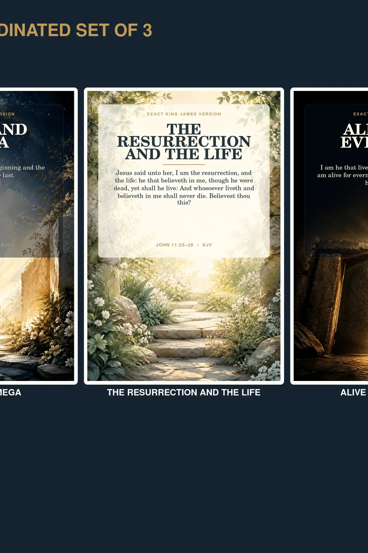 Alpha Omega Resurrection Wall Art Set of 3 Etsy hero preview in midnight navy, stone, ivory light, burnished gold