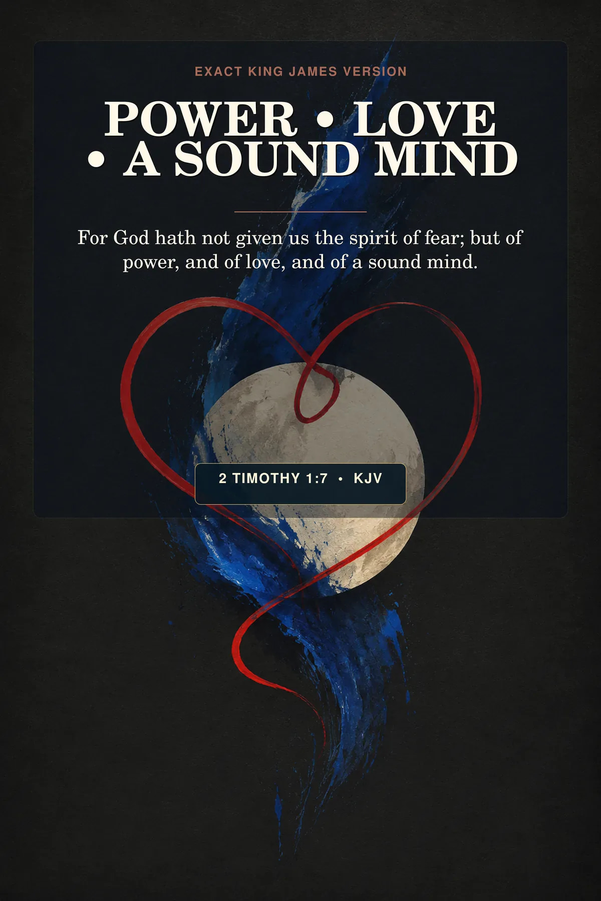 2 Timothy 1:7 KJV power love sound mind printable wall art in cobalt, crimson, charcoal, and ivory.