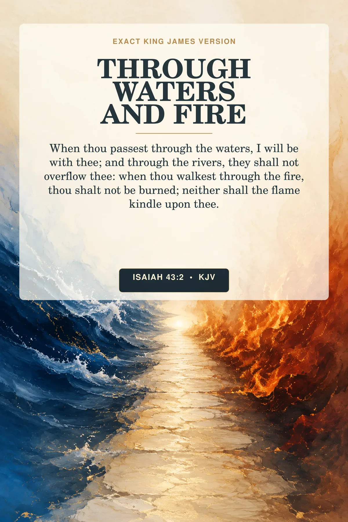 Isaiah 43:2 KJV through waters and fire printable Christian courage wall art in cobalt and ember.