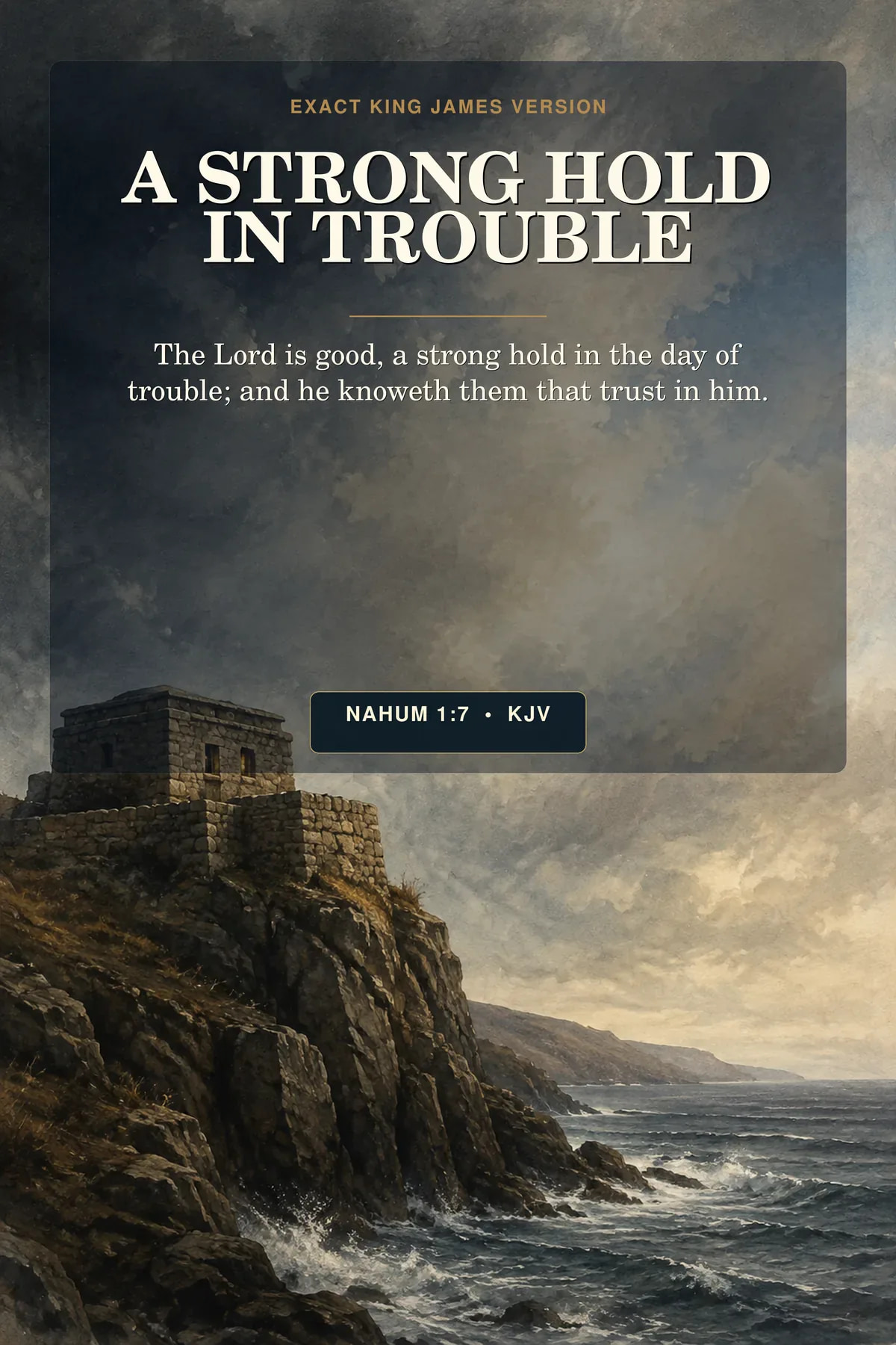 Nahum 1:7 KJV Strong Hold in Trouble Christian protection printable with a storm fortress.