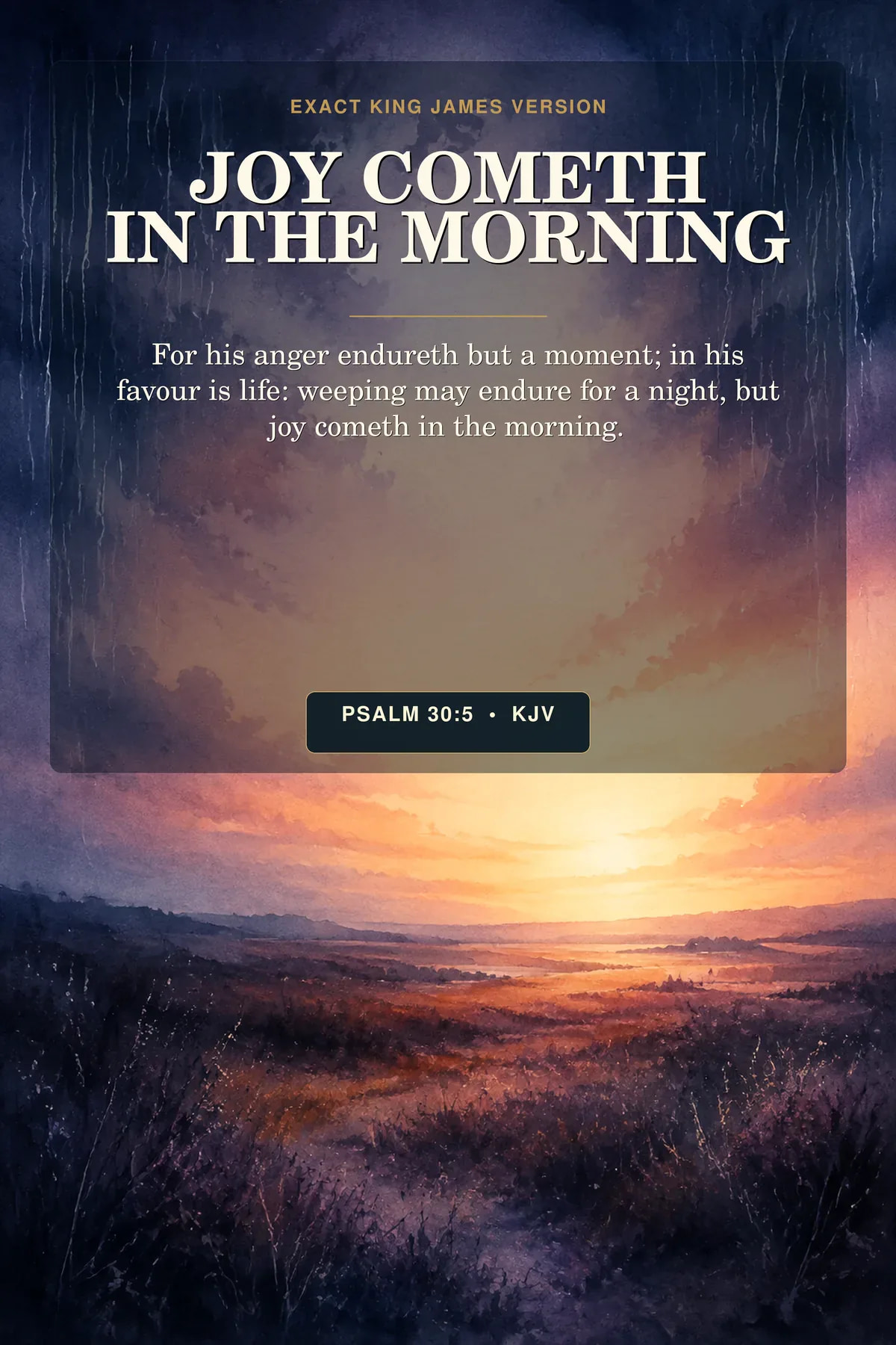 Psalm 30:5 KJV Joy Cometh in the Morning printable with indigo rain and golden sunrise.