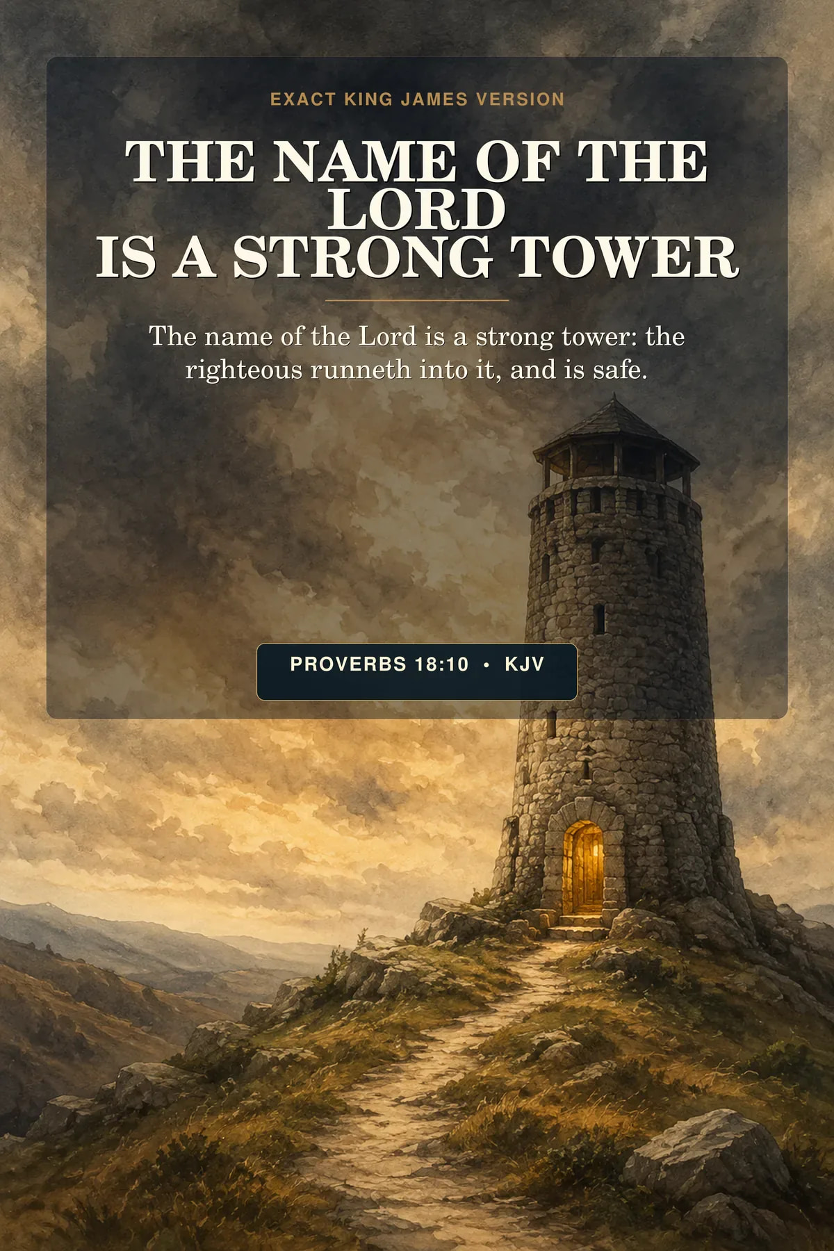 Proverbs 18:10 KJV Strong Tower Christian protection printable with a stone watchtower.