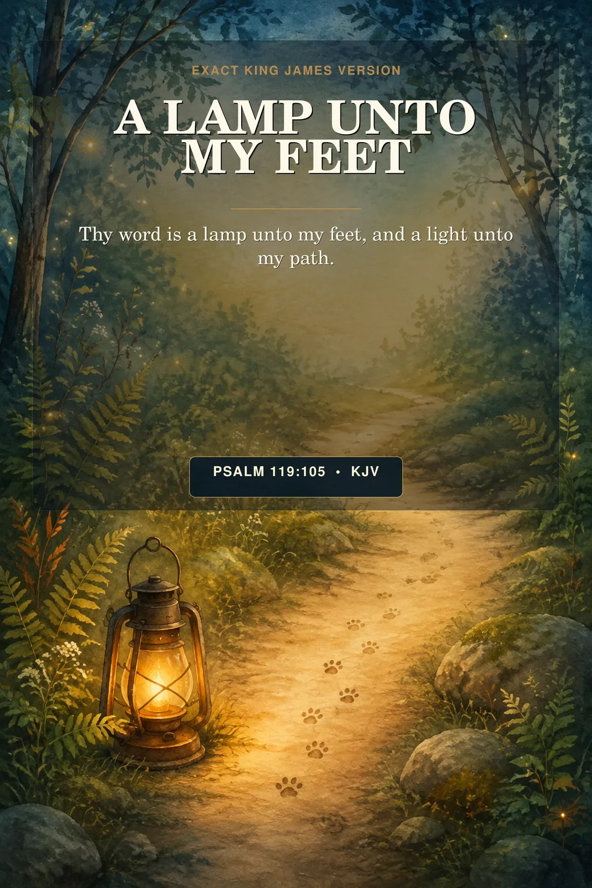 Psalm 119:105 KJV Lamp Unto My Feet Christian kids printable with a woodland lantern path.
