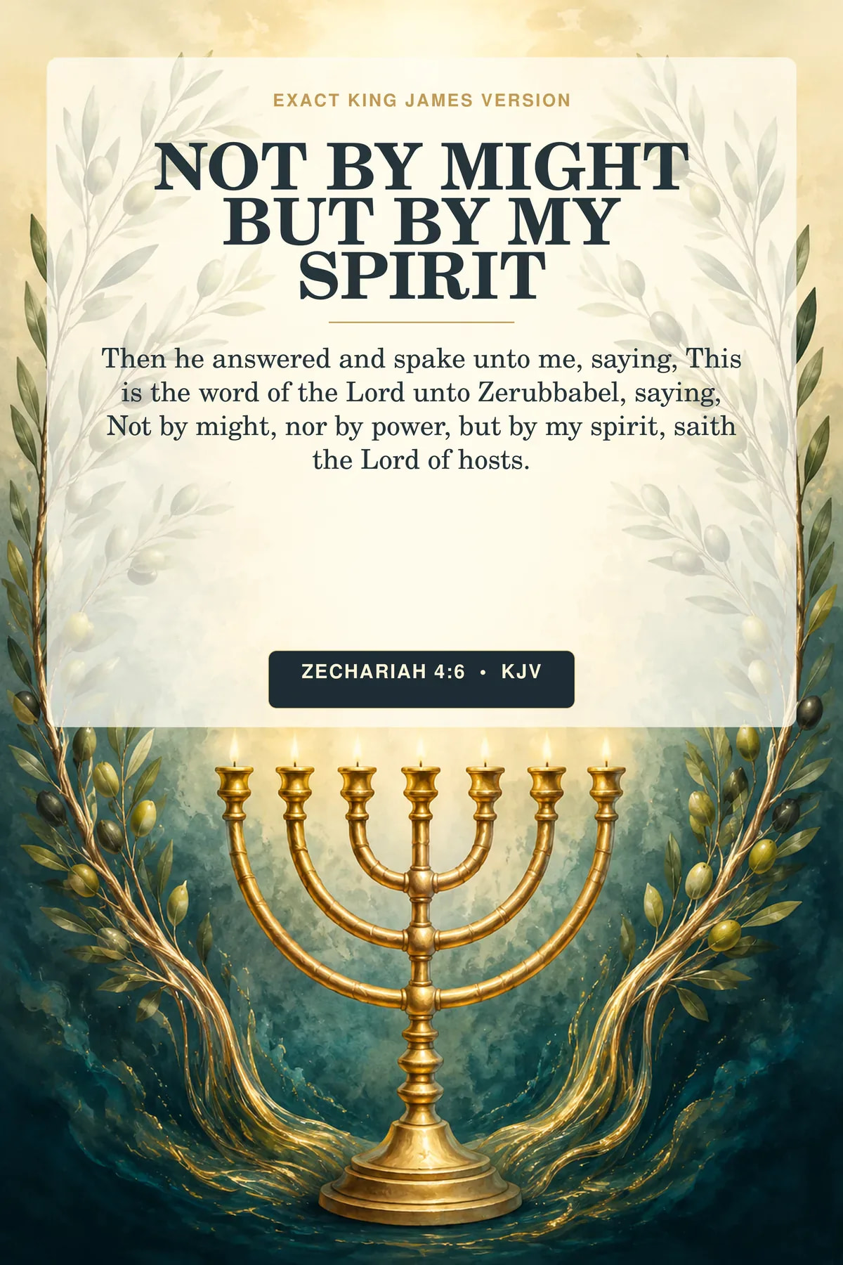Zechariah 4:6 KJV Not by Might Holy Spirit printable with gold lampstand and olive branches.