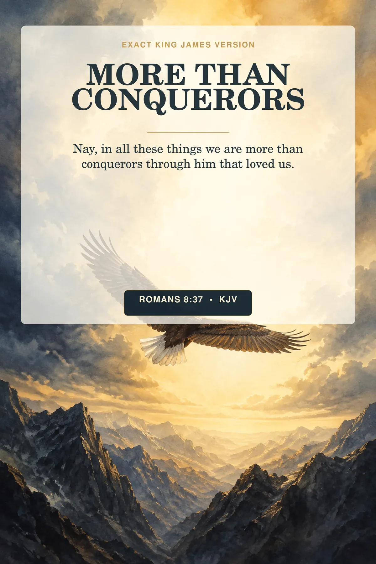 Romans 8:37 KJV More Than Conquerors Christian men's printable with an eagle and dawn mountains.