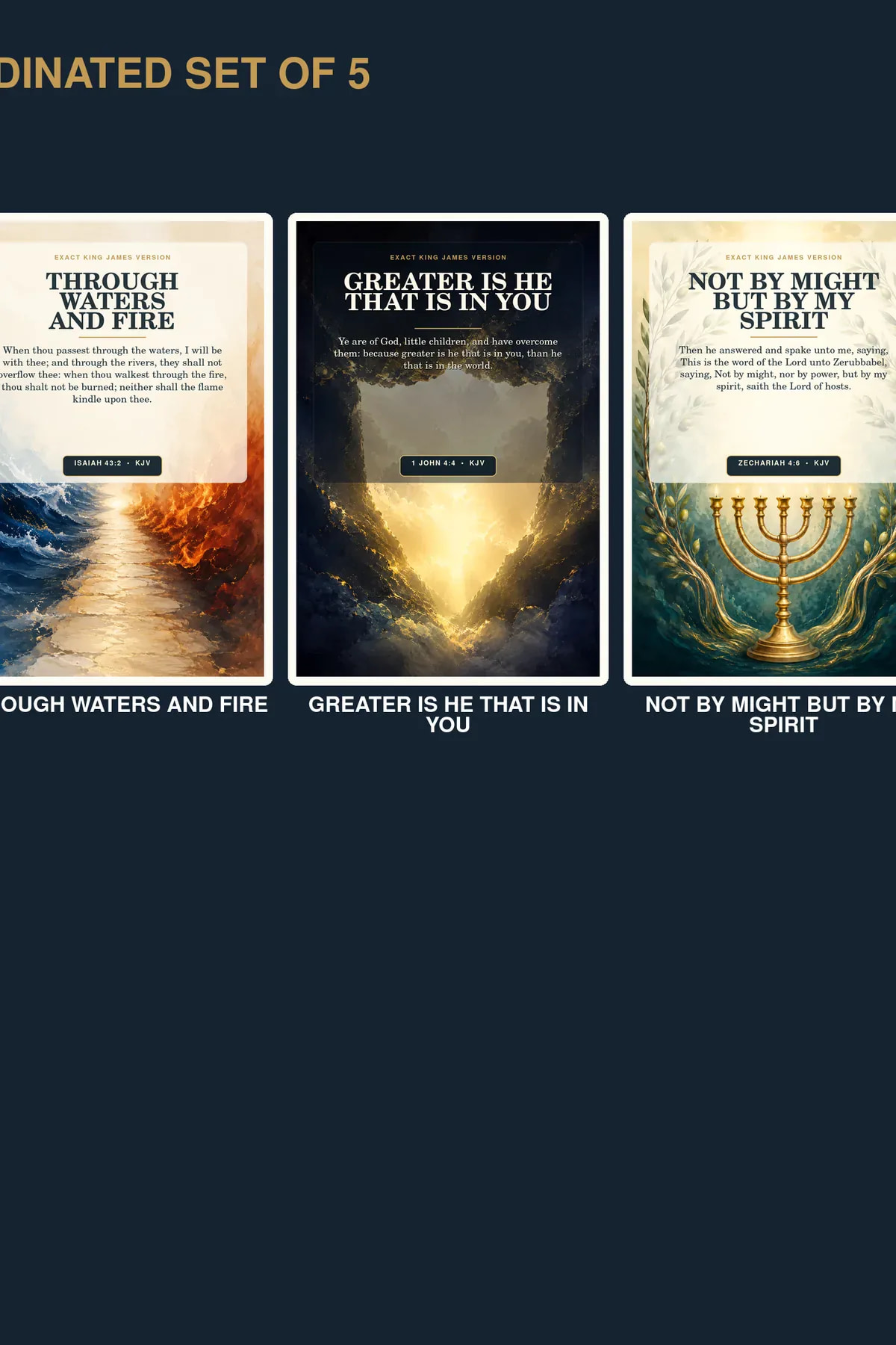 Set of five KJV Christian courage and spiritual warfare printable wall art designs.