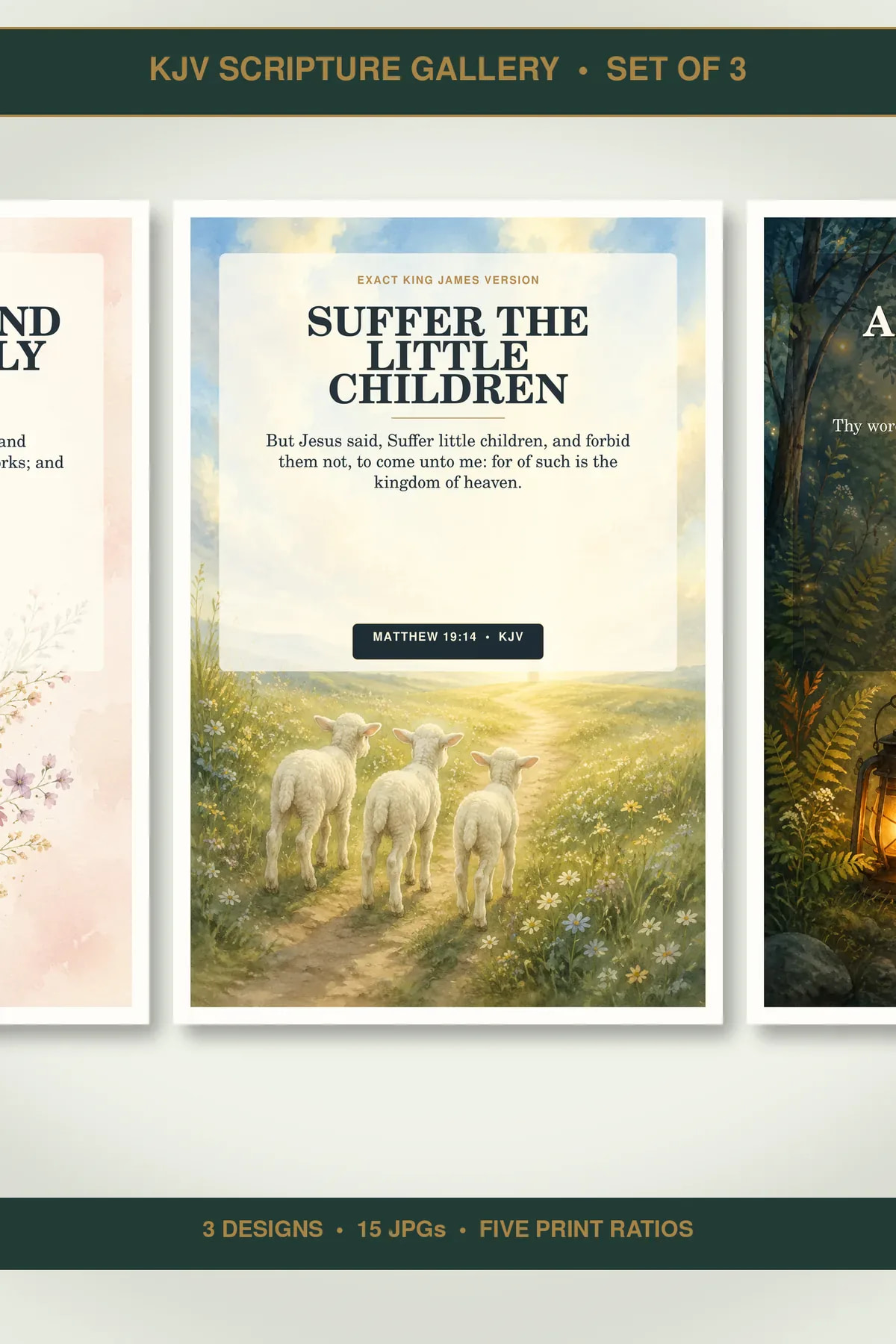 Christian Nursery and Kids Wall Art Set of 3, KJV Prints showing all 3 included Christian printable designs.