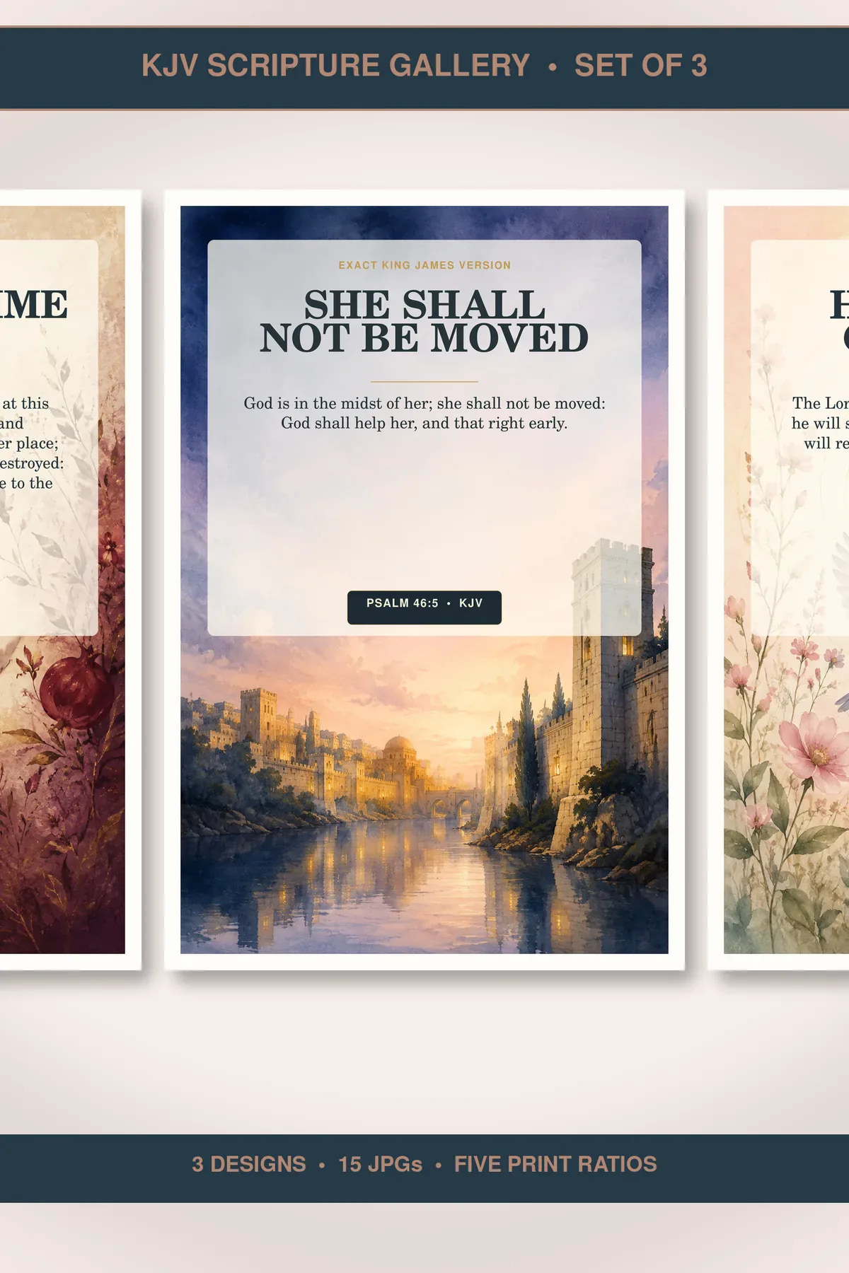 Women of Faith and Courage Wall Art Set of 3, KJV Prints showing all 3 included Christian printable designs.