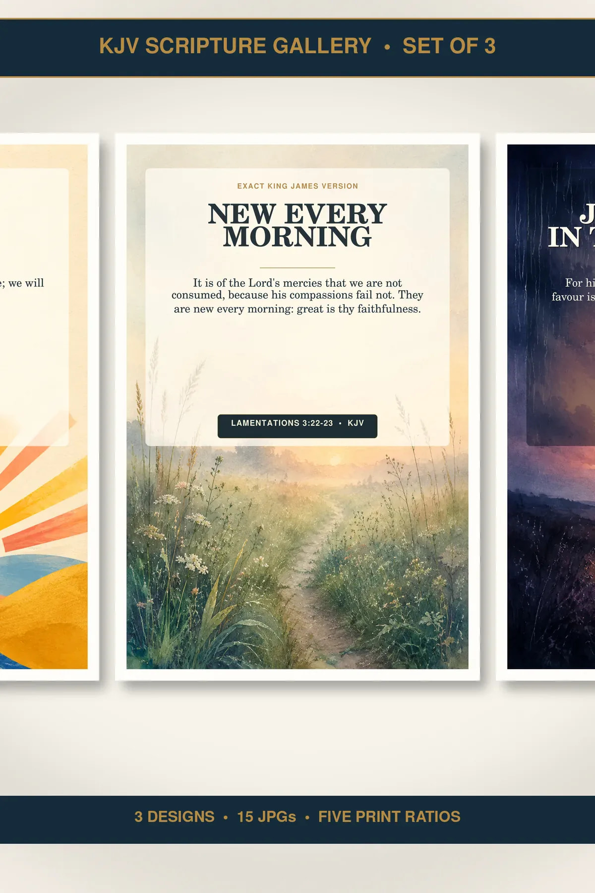 Morning Joy and Mercy Wall Art Set of 3, KJV Prints showing all 3 included Christian printable designs.