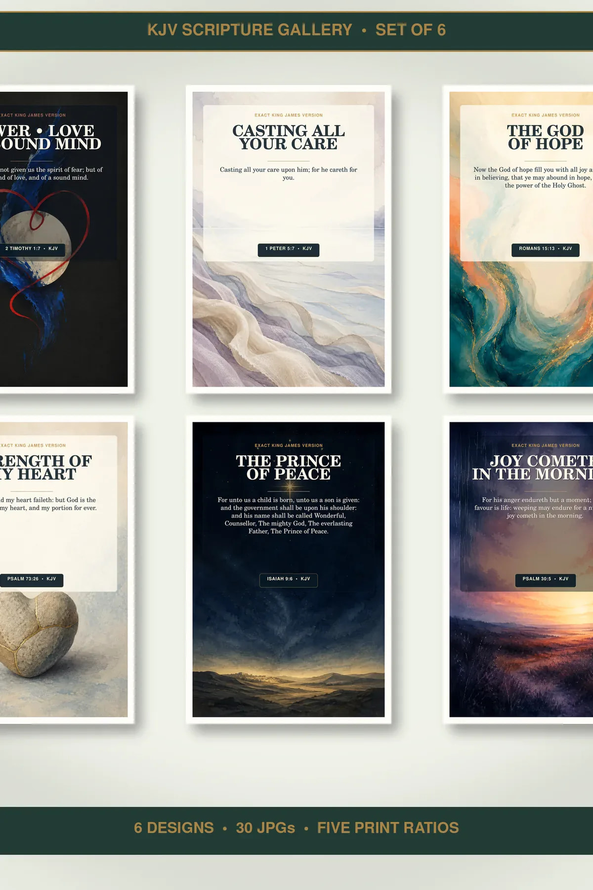 Peace Comfort and Hope Wall Art Set of 6, KJV Bundle showing all 6 included Christian printable designs.