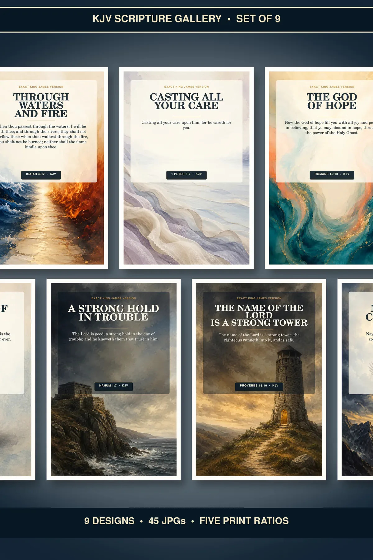 Courage Comfort and Hope Wall Art Set of 9, KJV Bundle showing all 9 included Christian printable designs.