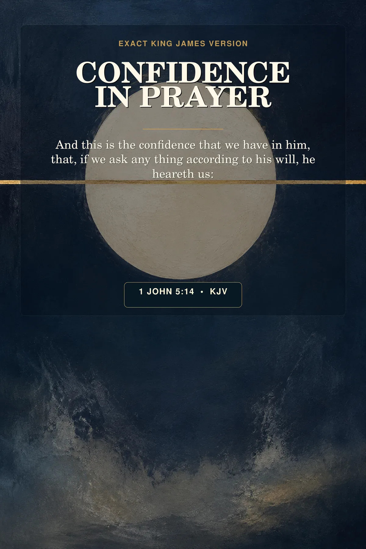 1 John 5:14 KJV Confidence in Prayer wall art with an ivory circle and gold alignment line on midnight blue.