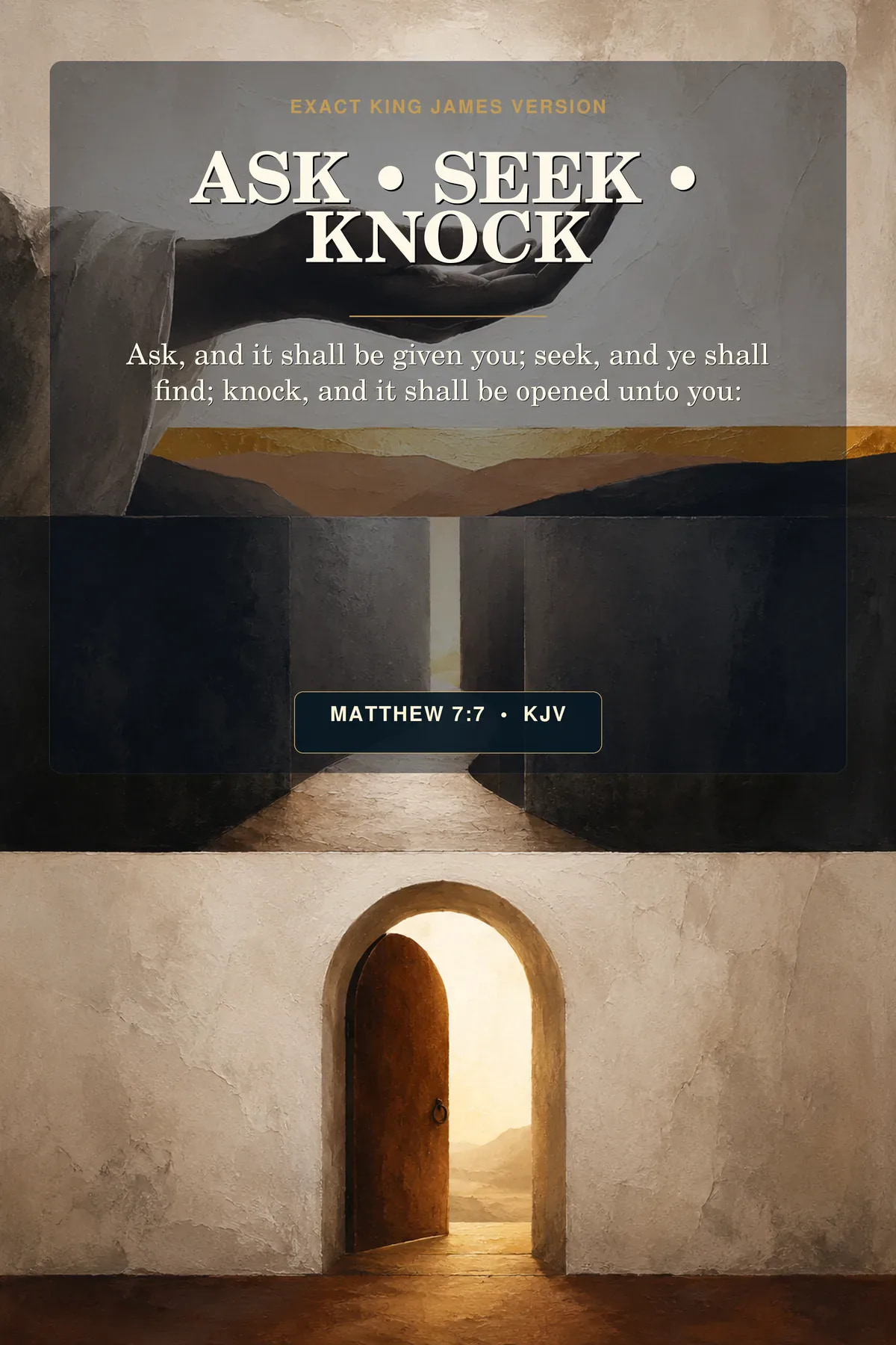 Matthew 7:7 KJV Ask Seek Knock wall art with hand, path, and open-door symbols in charcoal, terracotta, and gold.