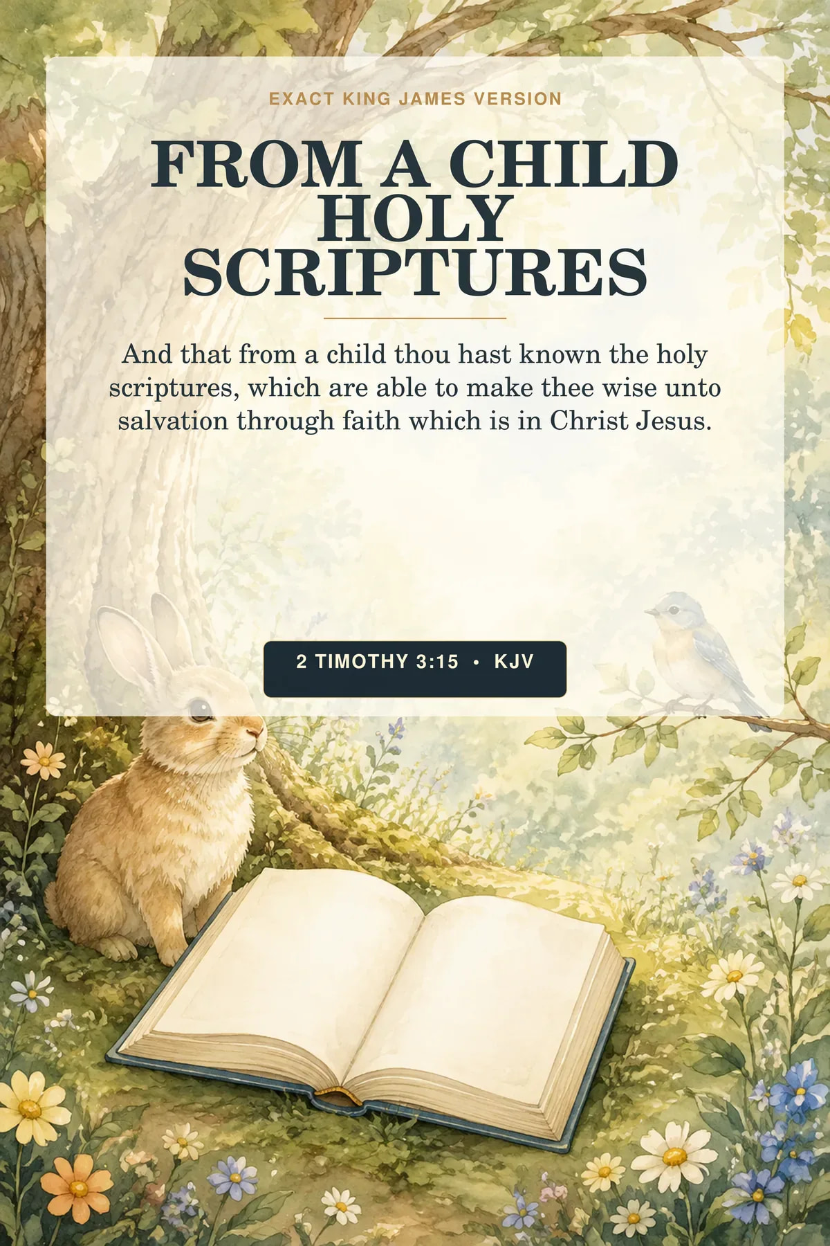 2 Timothy 3:15 KJV Christian nursery wall art with an open Bible, original woodland rabbit, songbird, and reading tree.