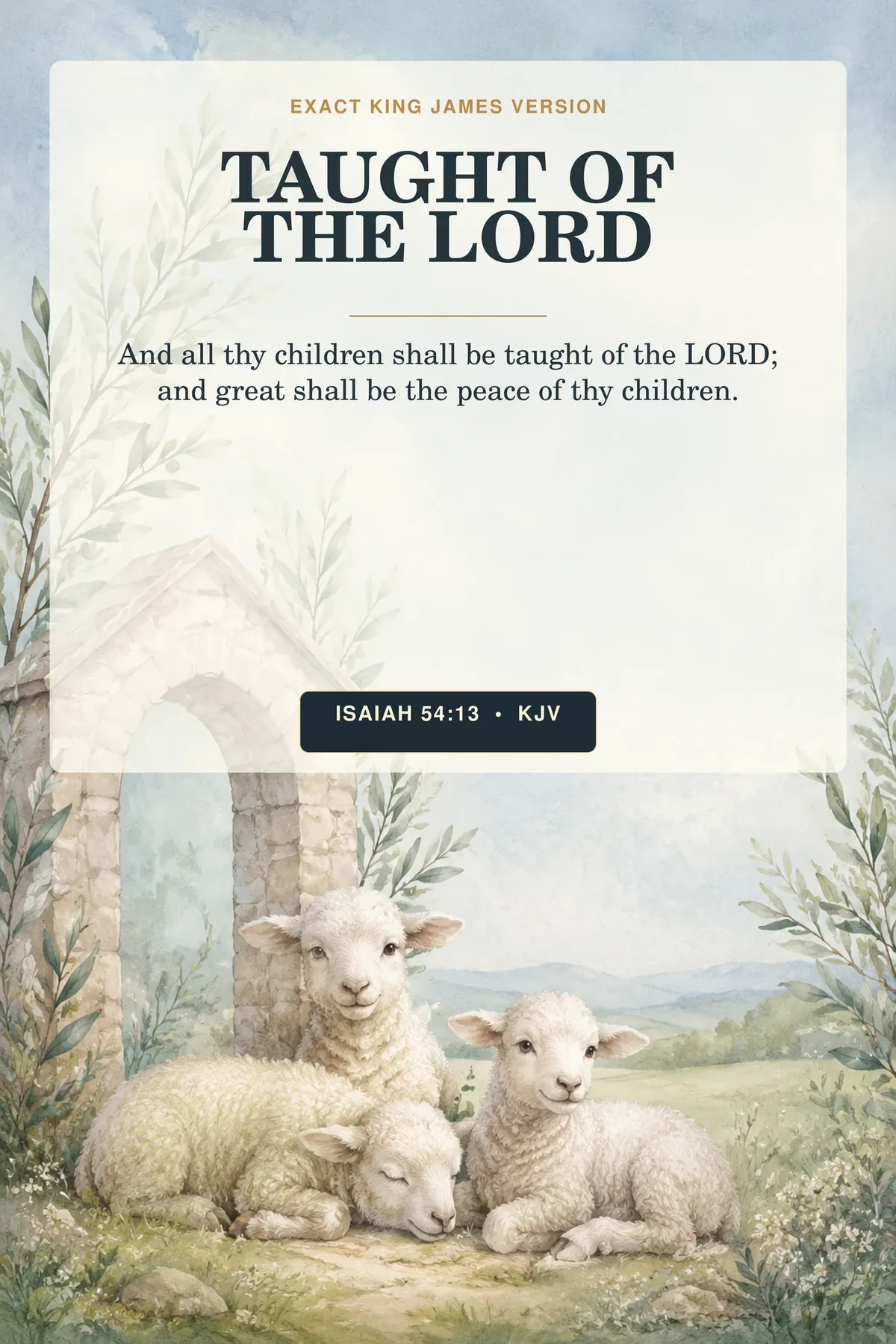 Isaiah 54:13 KJV Taught of the Lord nursery wall art with three original watercolor lambs, olive leaves, and dusty blue sky.