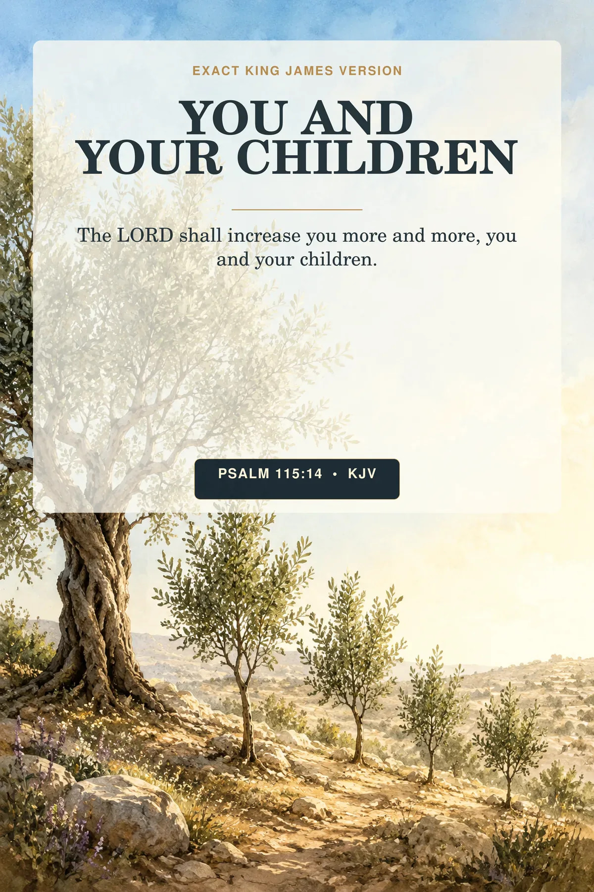 Psalm 115:14 KJV family blessing wall art with a growing grove of olive trees in cream, clay, blue, and green.