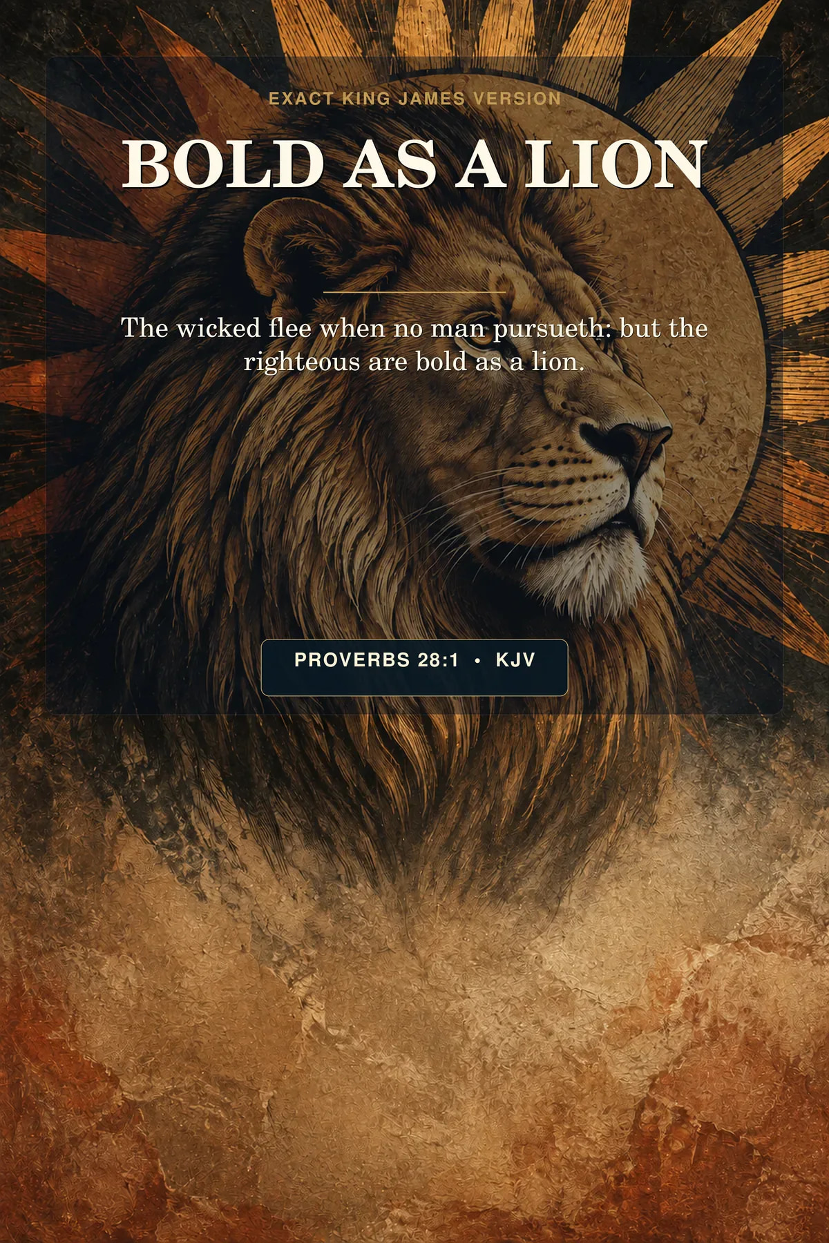 Proverbs 28:1 KJV Bold as a Lion Christian men's office wall art in charcoal, sandstone, rust, and burnished gold.