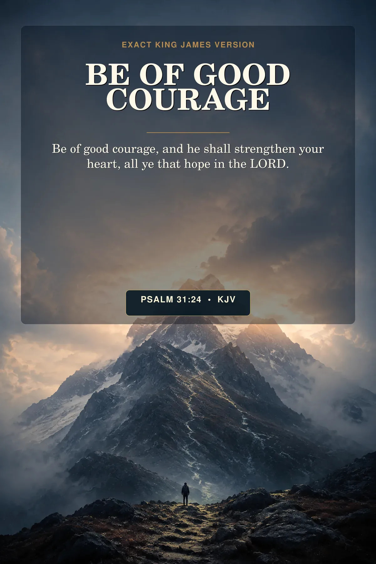 Psalm 31:24 KJV Be of Good Courage wall art with a distant figure below a storm-blue mountain and amber sunrise.